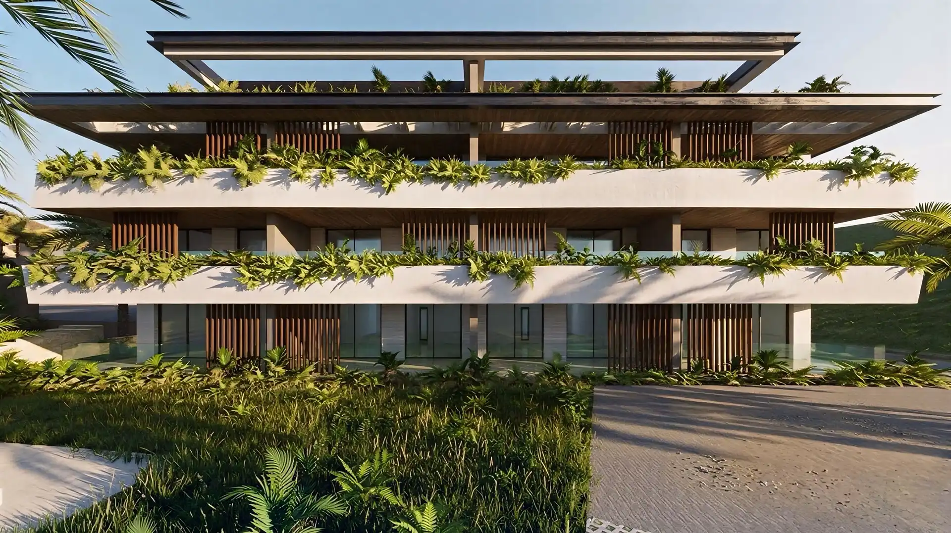 Senora Gardens Mijas Villa contemporánea de tres pisos con diseño horizontal de hormigón blanco y cálidas mamparas de listones verticales de madera rodeadas de palmeras tropicales.