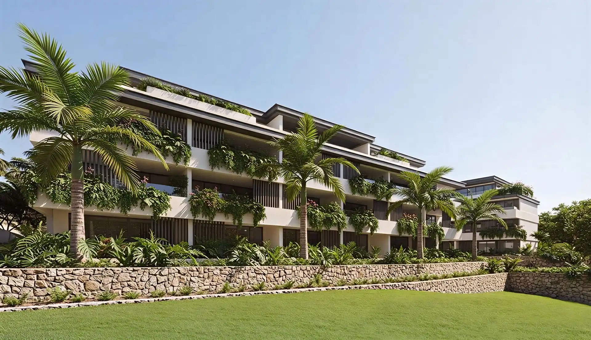 Senora Gardens Mijas Apartamentos adosados ​​contemporáneos con mamparas de listones de madera y plantaciones tropicales en cascada en cada nivel.