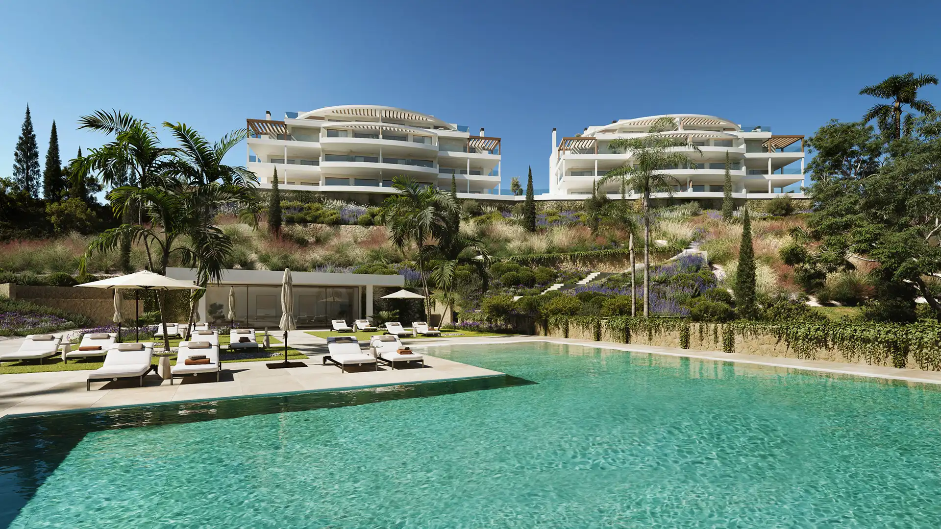 The Eagle Mijas communal swimming pool and landscaped gardens with leisure facilities