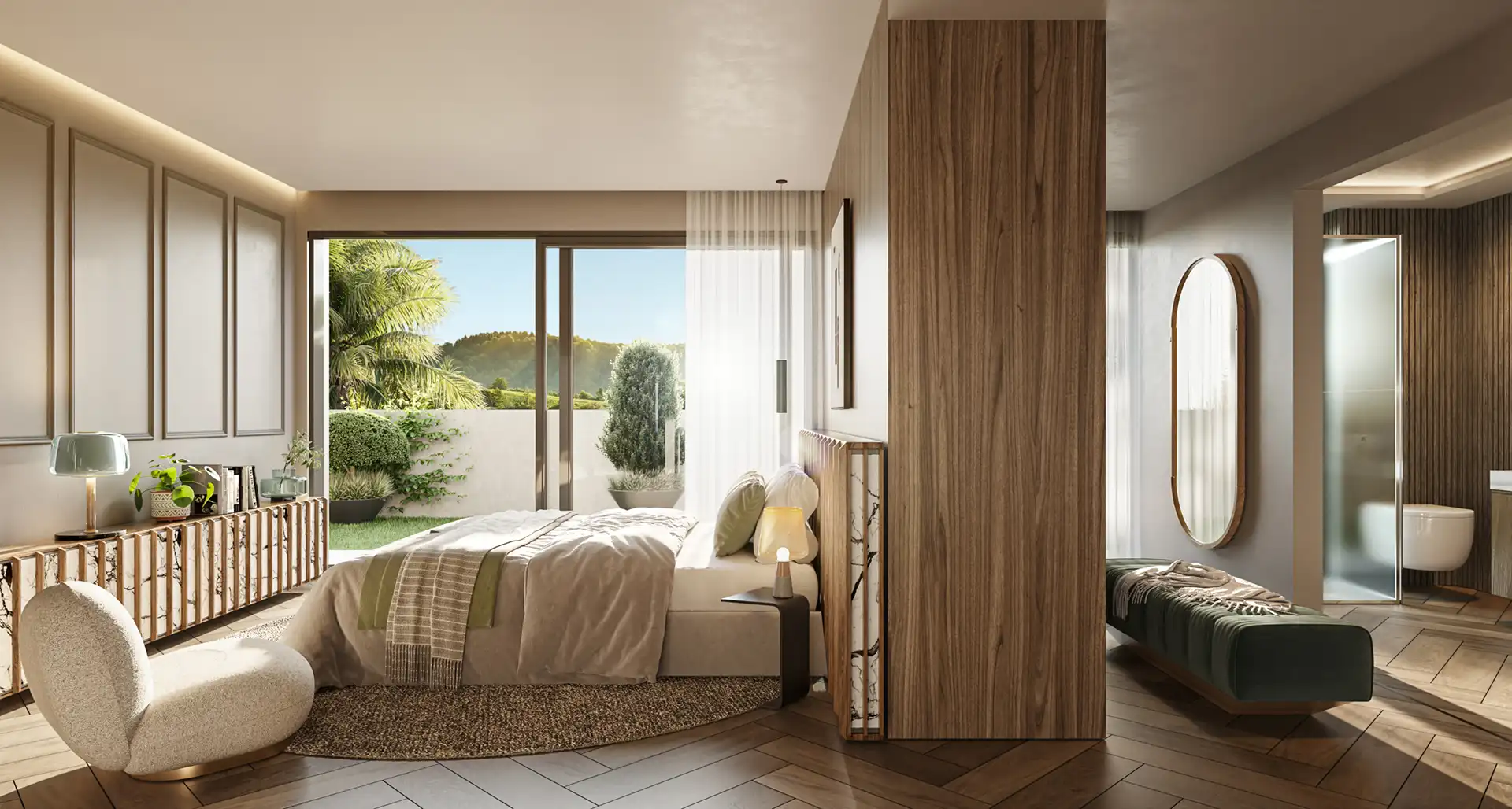 Luxury master bedroom with garden views and private terrace