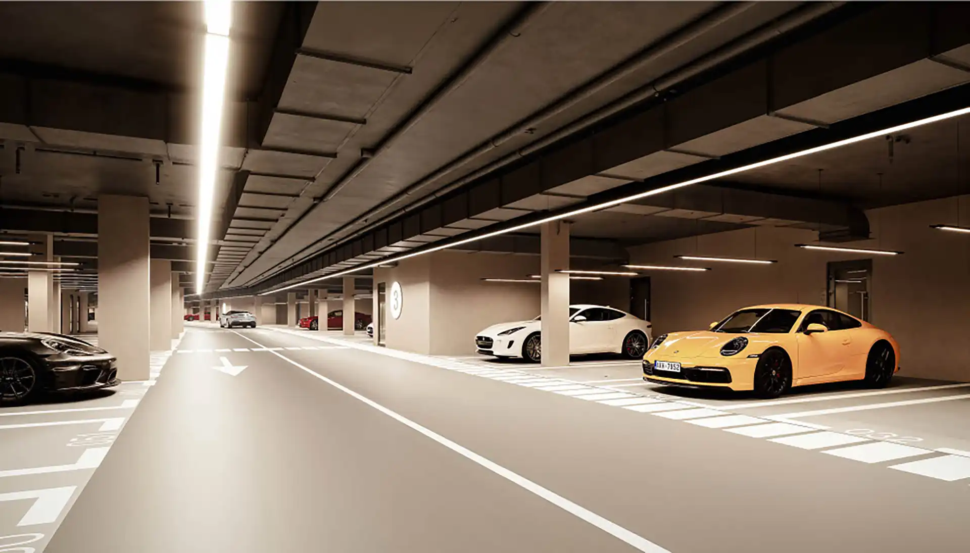 Almina Residences Underground Parking Garage with Premium Vehicles