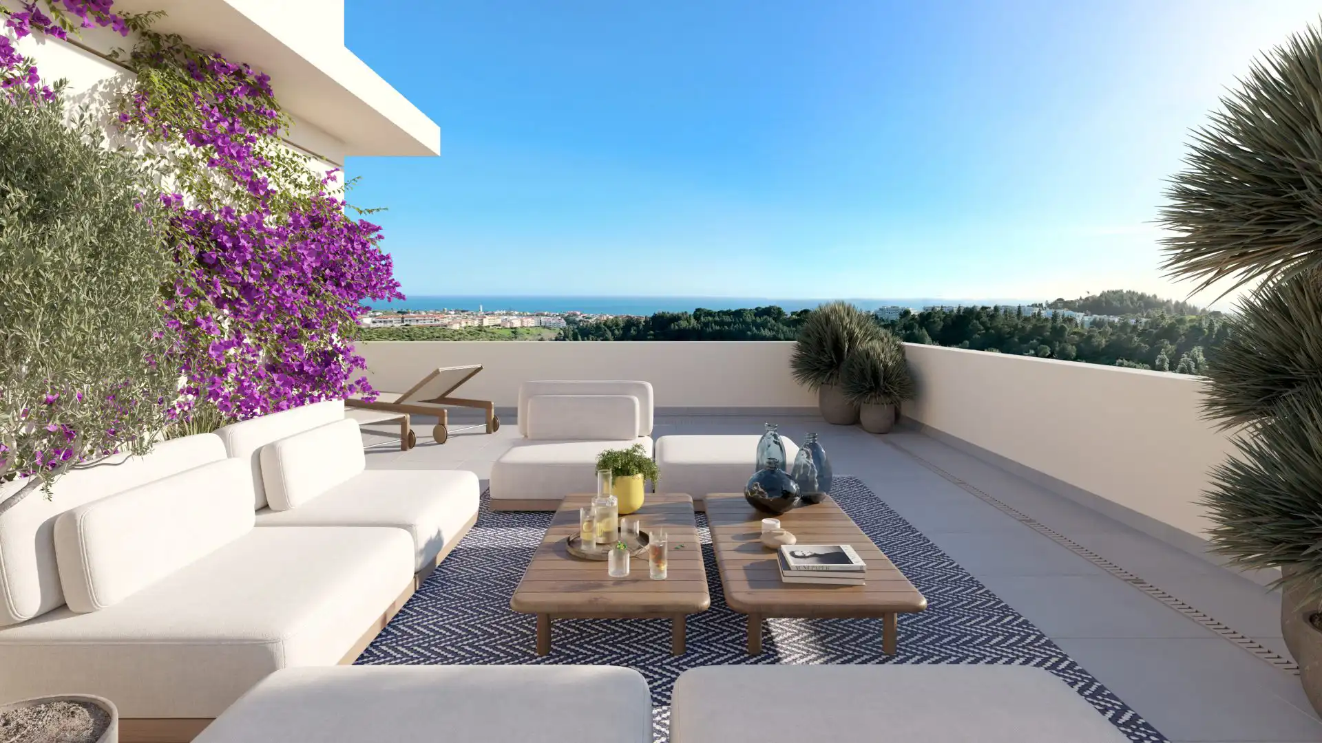 Luxury rooftop terrace with ocean views at Greenity Mijas