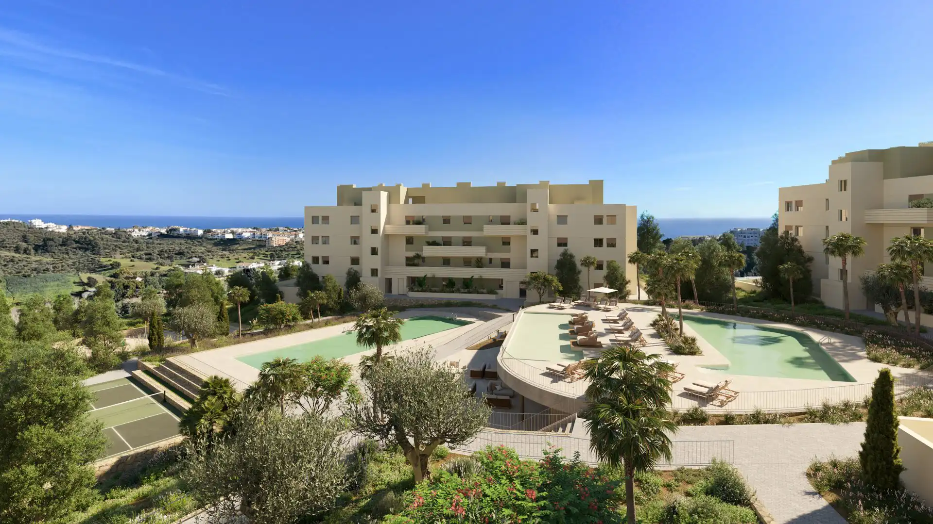 Greenity Mijas aerial view of resort-style pool complex and apartments