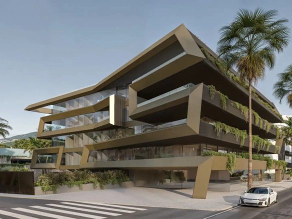 Moderne udvendig udsigt af The Privilege Estepona Luksusboligudvikling med geometrisk arkitektur