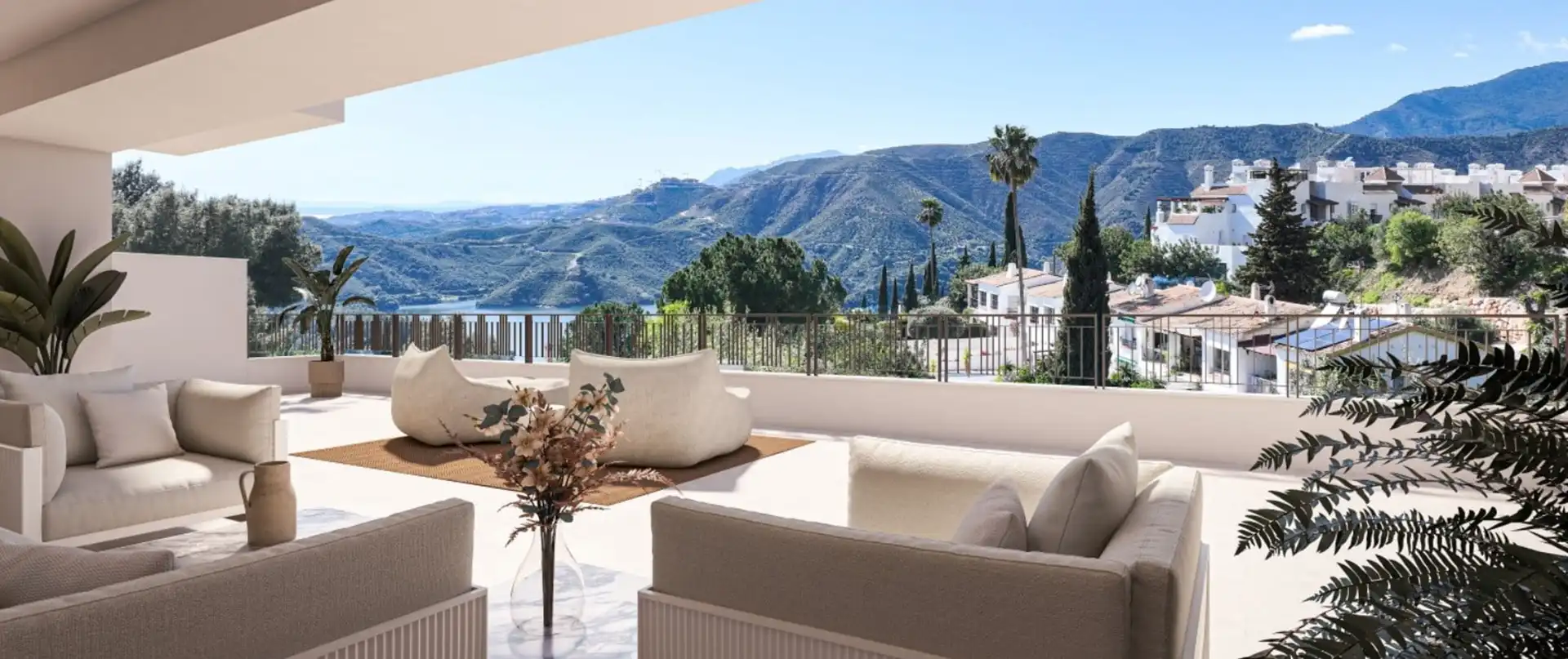 Luxury mountain view terrace with modern outdoor lounge at Almazara Gardens Istán Costa del Sol