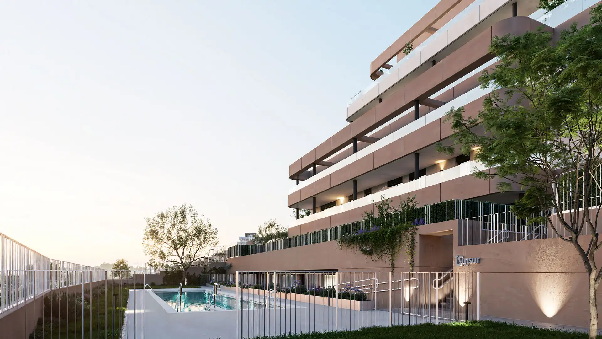 Moderne boligkompleks med pool og moderne arkitektur ved Eagle Hills Estepona
