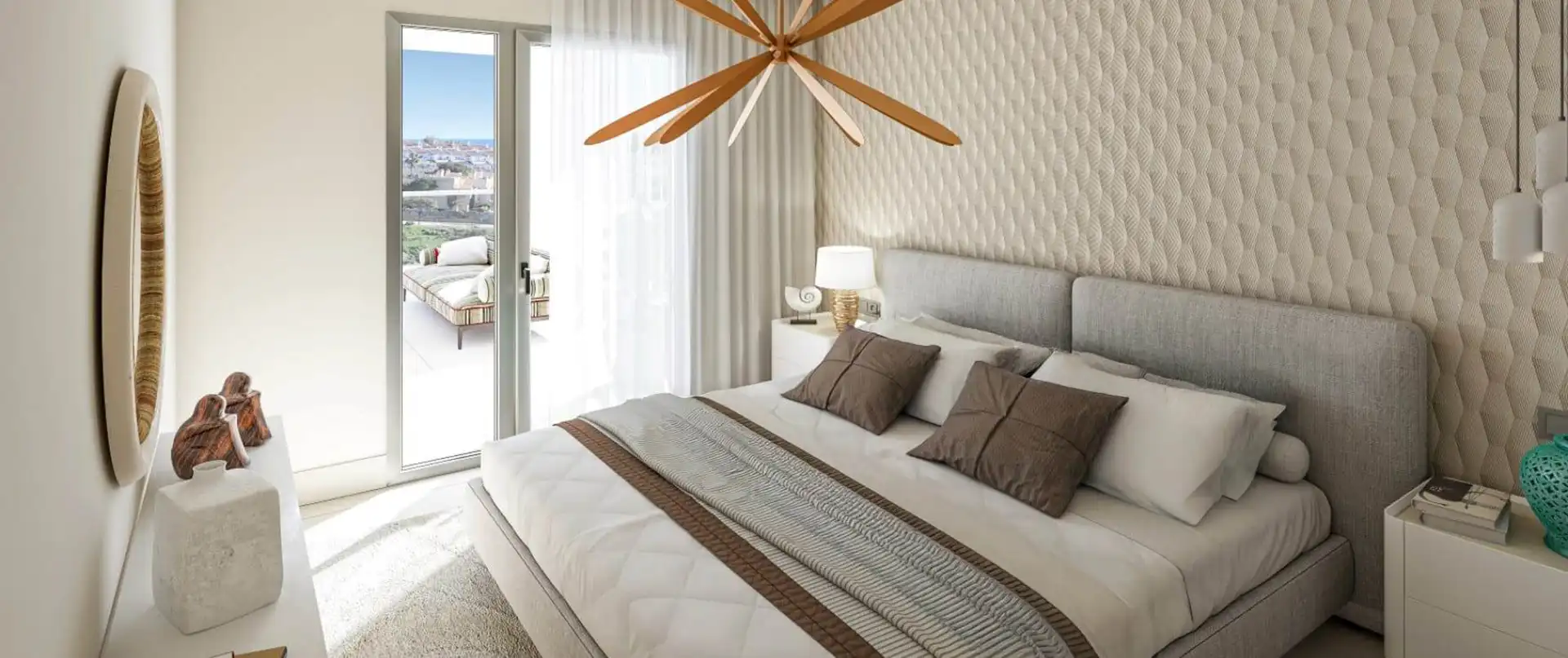 Modern bedroom with built-in wardrobe and contemporary design in Manilva development