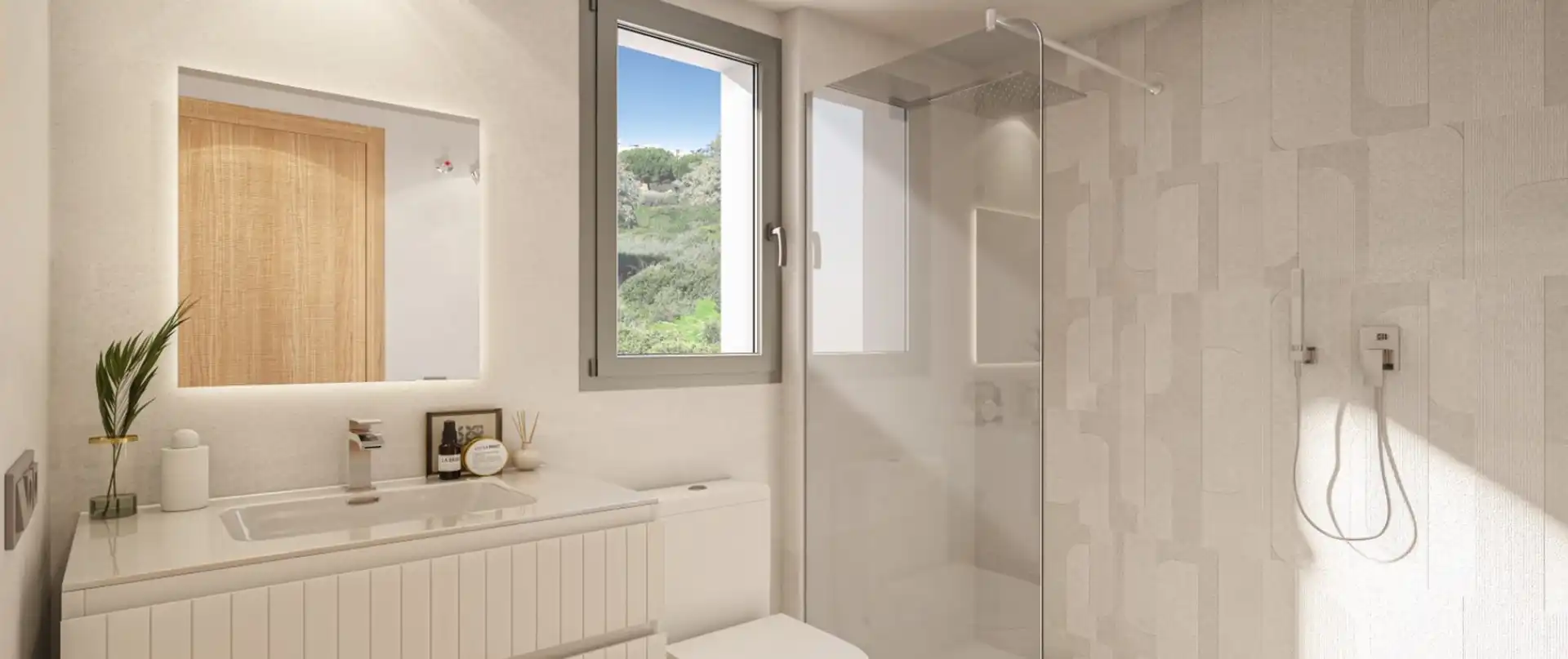 Modern minimalist bathroom with walk-in shower and garden views in Manilva