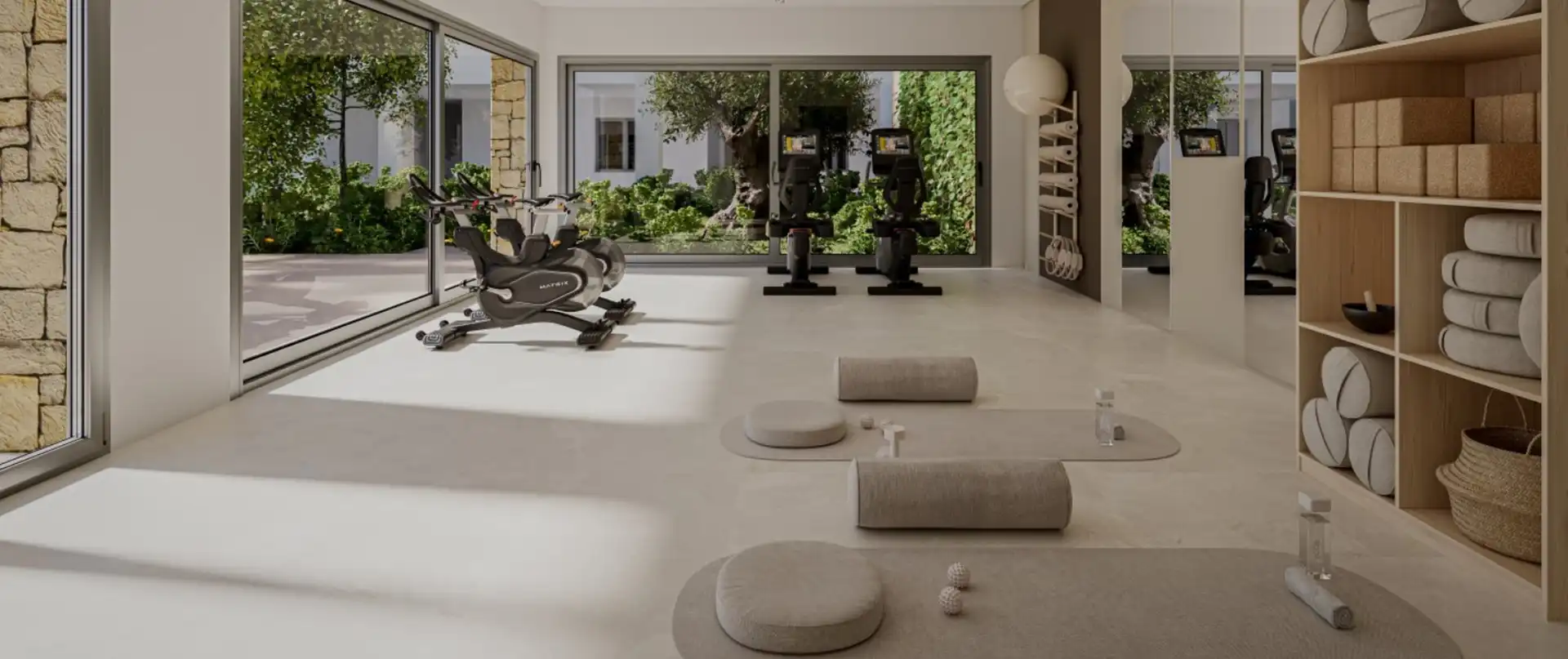 Luxury home gym with floor-to-ceiling windows and garden views in residential development