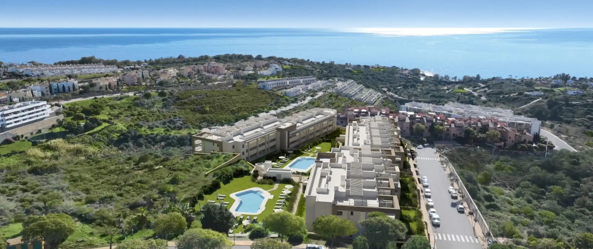 Modern coastal residential development in Manilva with swimming pools and sea views
