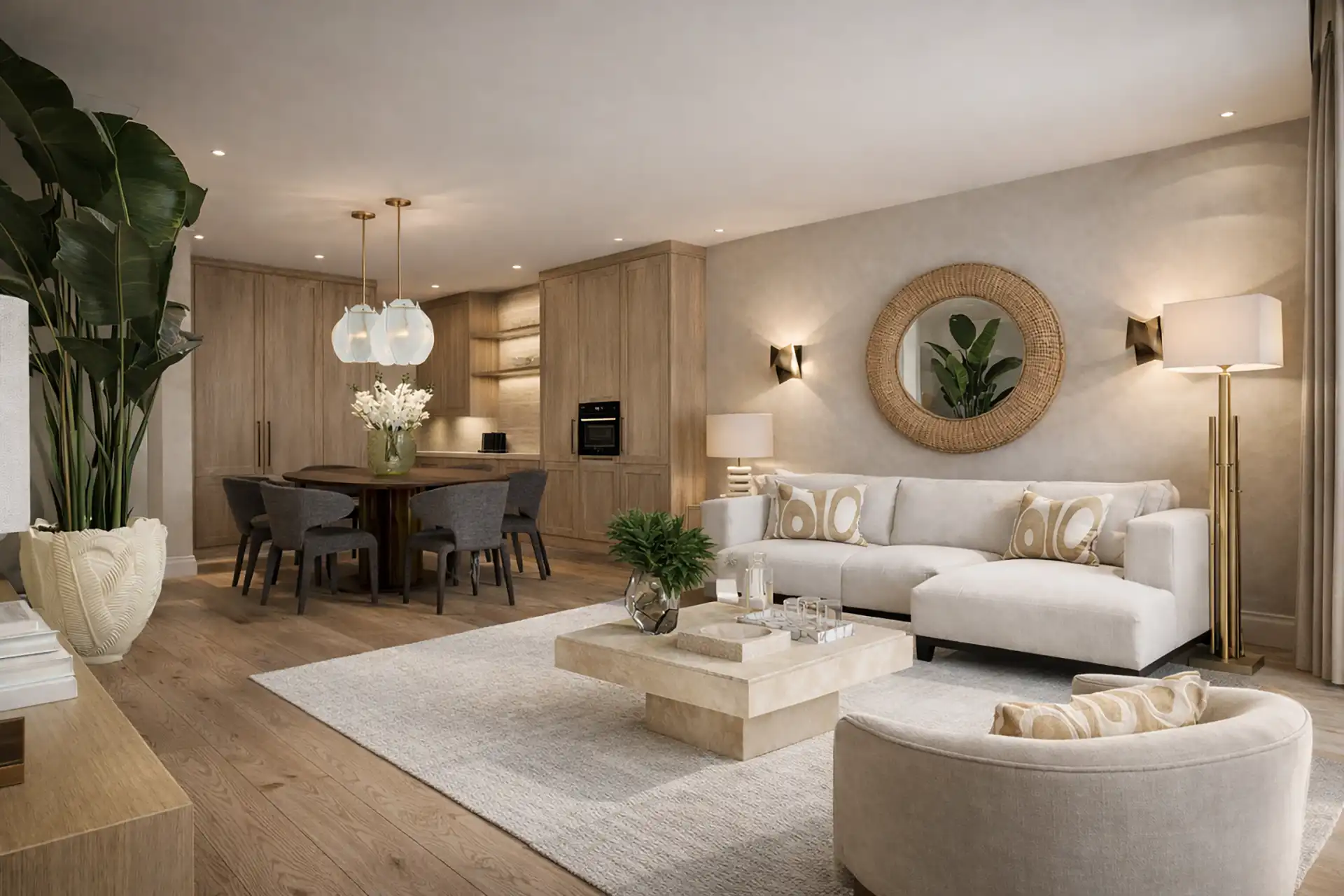 Modern Open-Plan Living Room with Neutral Design and Natural Textures - Luna Nova Guaro