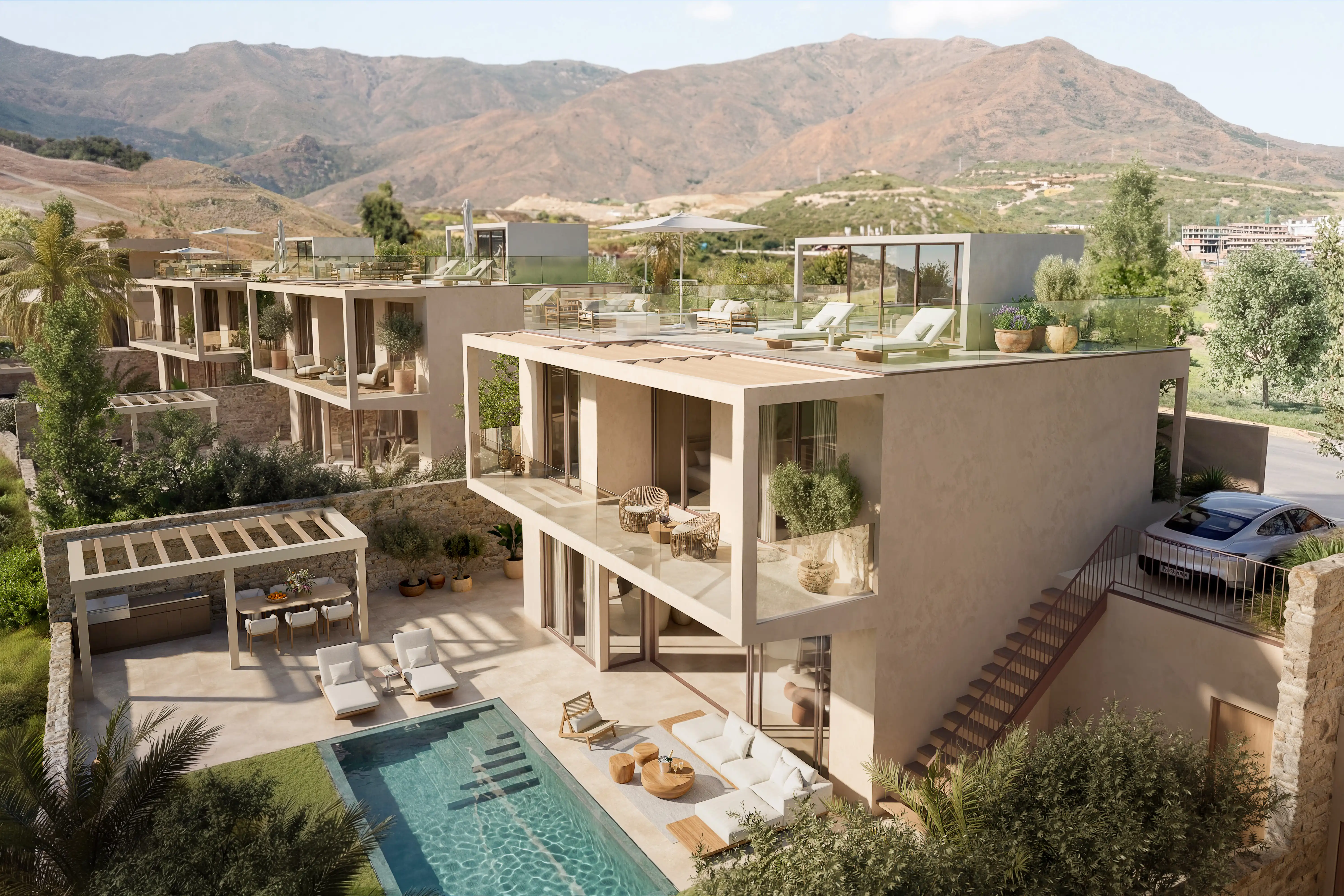 Amaris Villas modern villa with rooftop terraces and mountain views Estepona