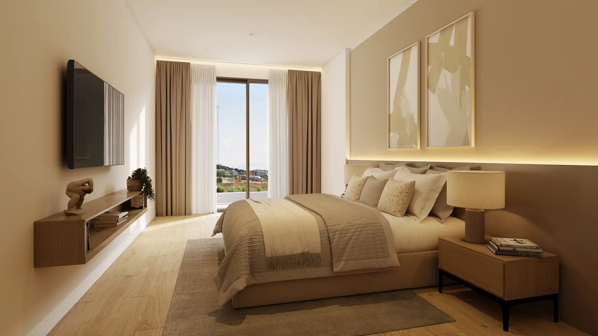 Modern master bedroom with panoramic views at Kala Residences Fuengirola