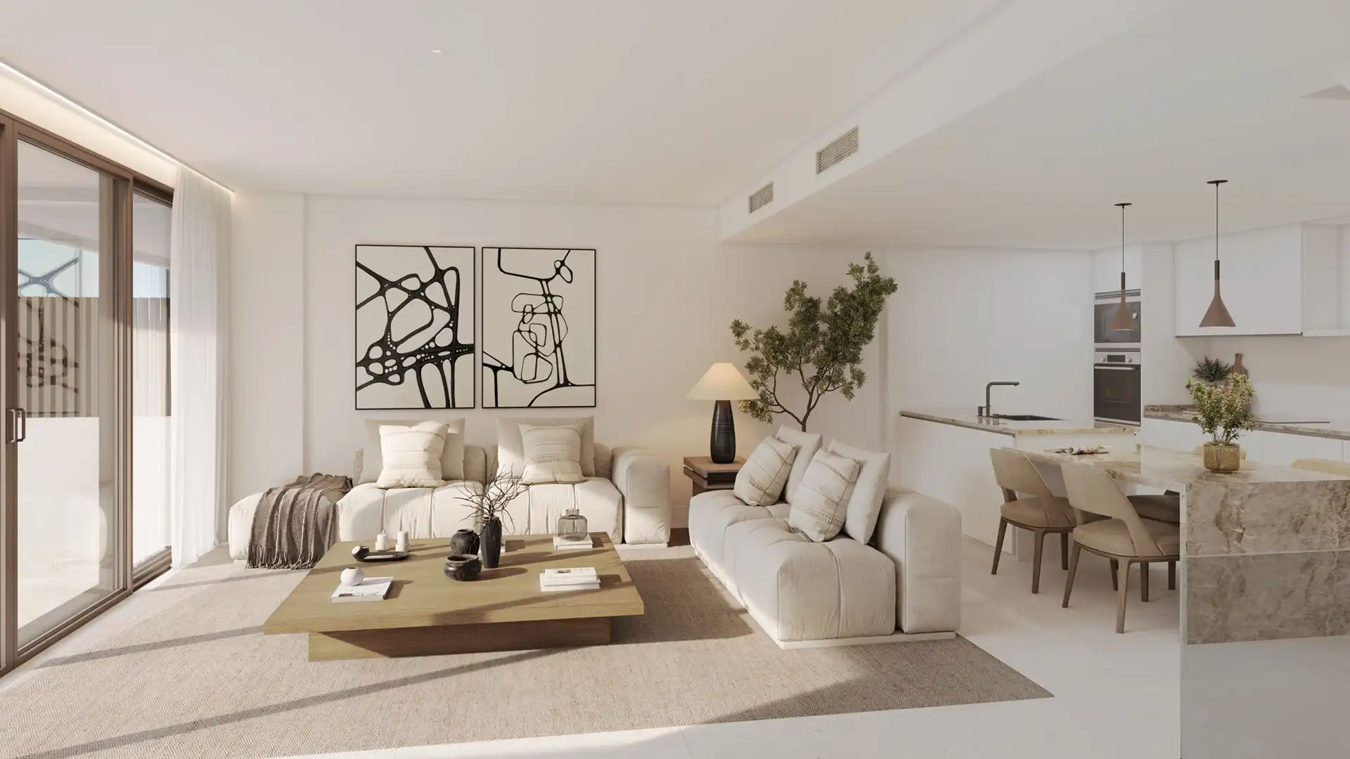 Modern open-plan living space with contemporary kitchen design in a new Fuengirola development