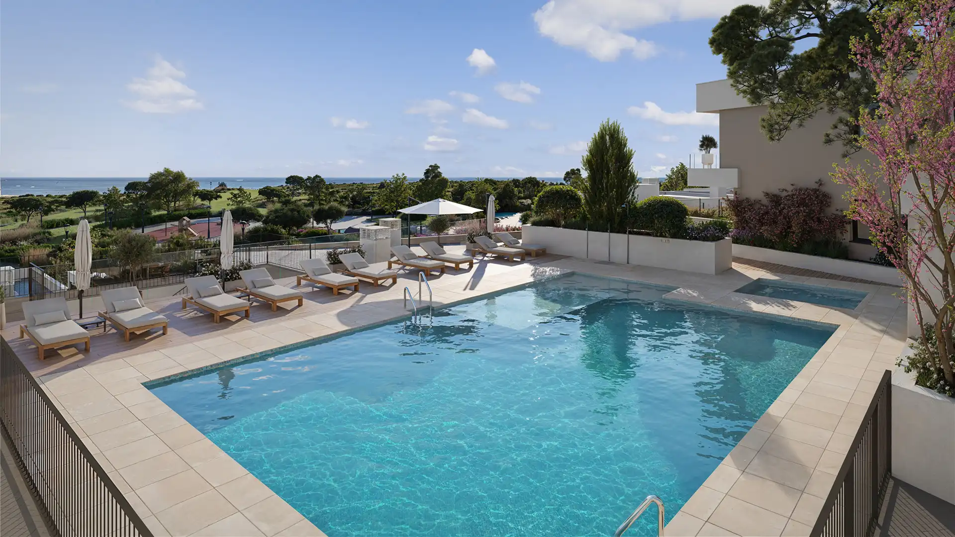 Luxury rooftop pool terrace with ocean views at a modern Costa del Sol development