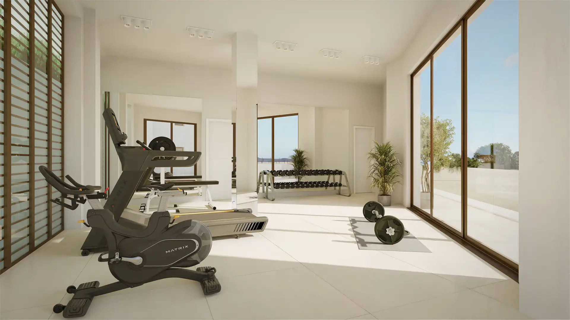 Modern home gym with premium equipment and natural light in a luxury Fuengirola residential complex