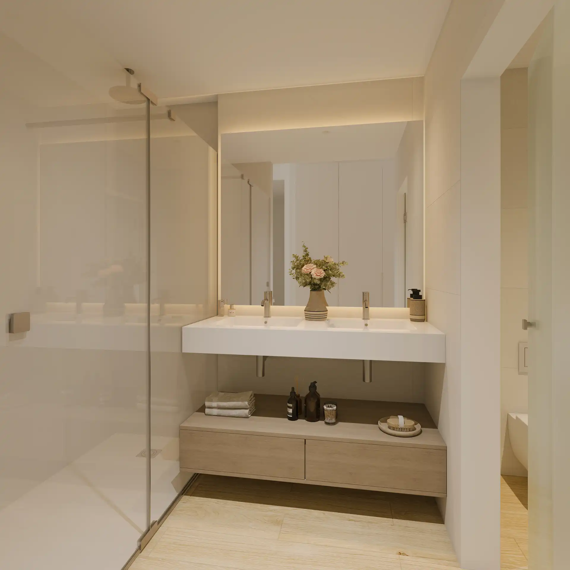 Modern minimalist bathroom with floating vanity and glass shower in a luxury Costa del Sol apartment