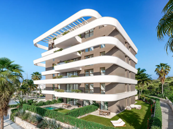 Contemporary white apartment building featuring curved balconies, rooftop terraces, swimming pool and lush palm landscaping