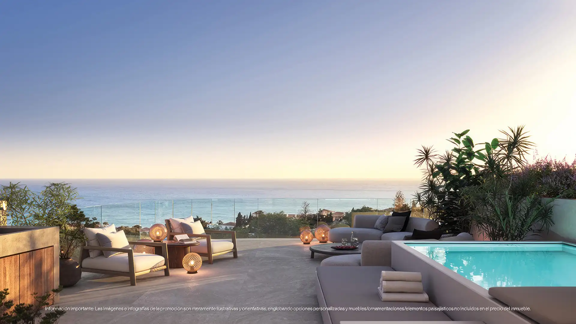 Luxury penthouse terrace with private pool and panoramic ocean views at sunset Higuerón