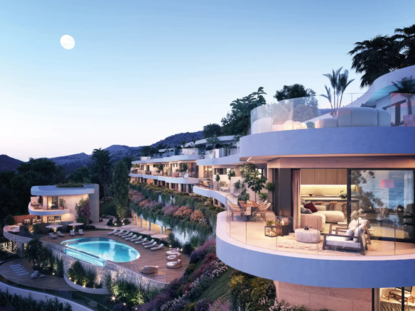 Modern luxury villa with curved white architecture, infinity pool, glass walls, and hillside Mediterranean setting