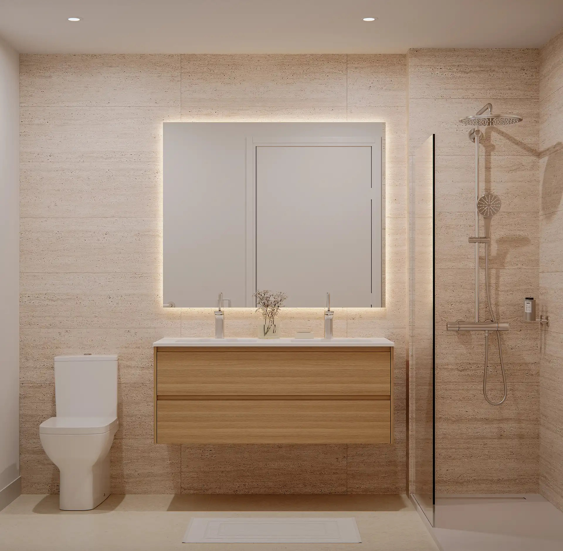 Bagno moderno di lusso con doppio lavabo e cabina doccia.