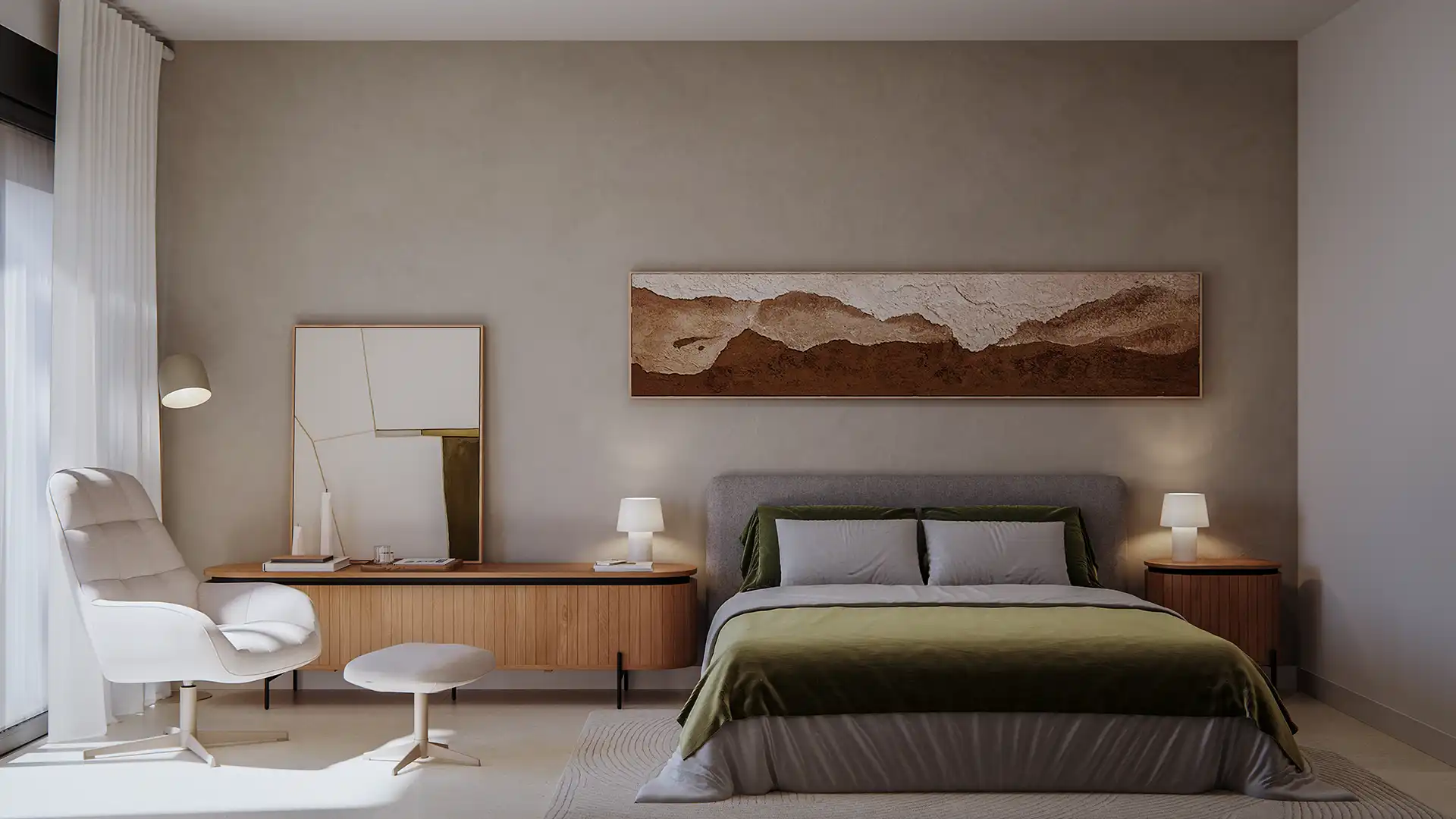 Camera da letto padronale di lusso con luce naturale
