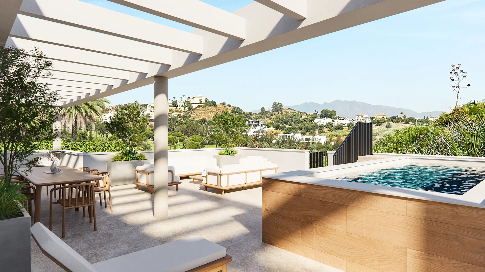 Terrazza panoramica sul tetto con piscina privata e vista sulle montagne.