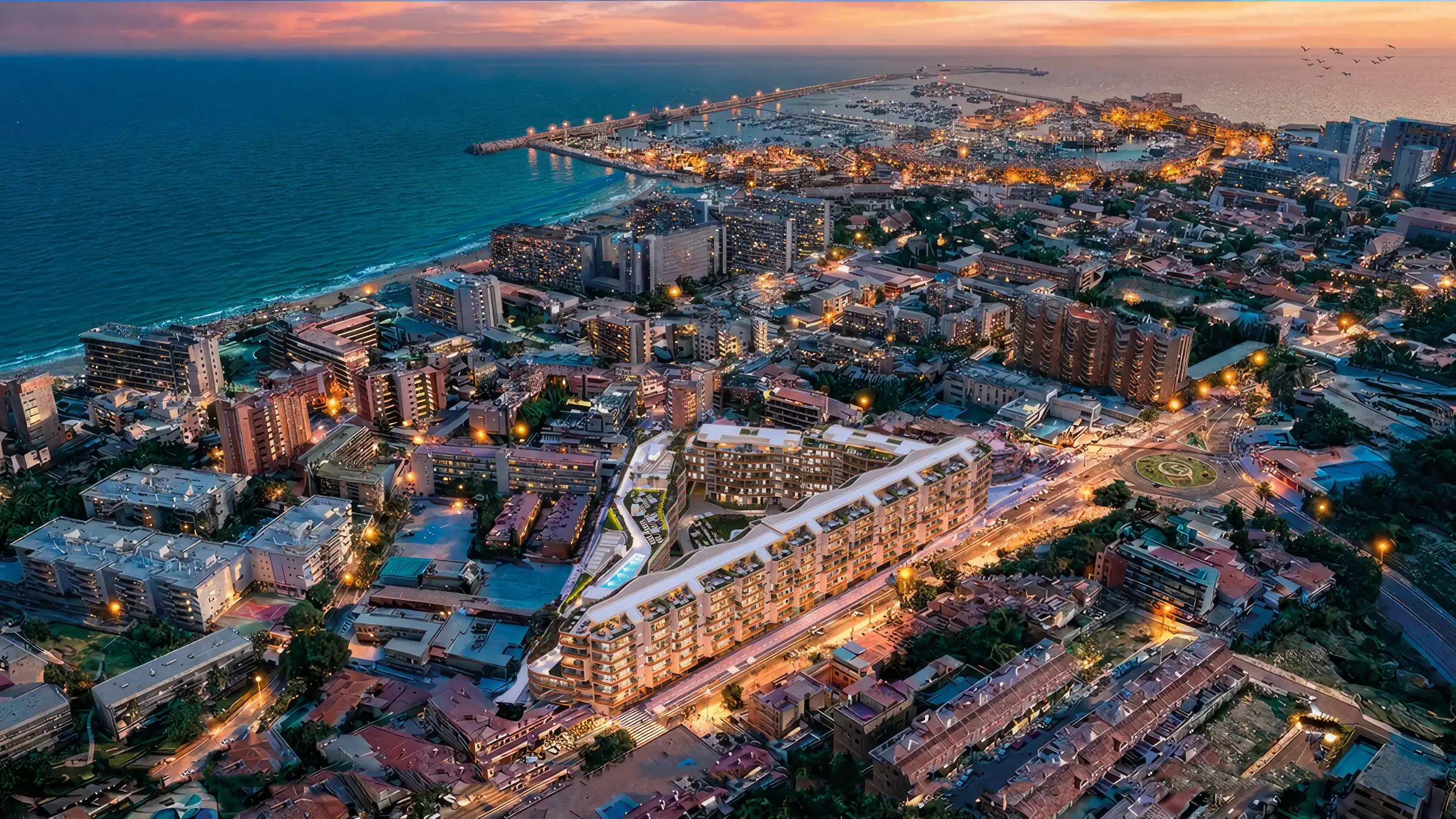 Aerial view of the coastal development at sunset on the Costa del Sol