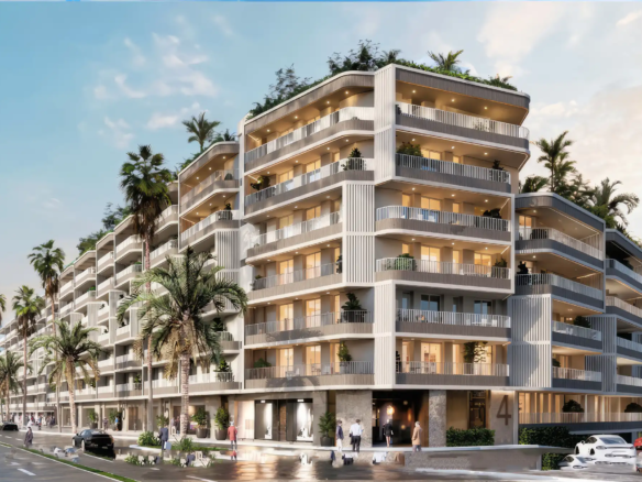 Contemporary white apartment complex with curved architecture, multiple balconies, palm tree landscaping, and street view