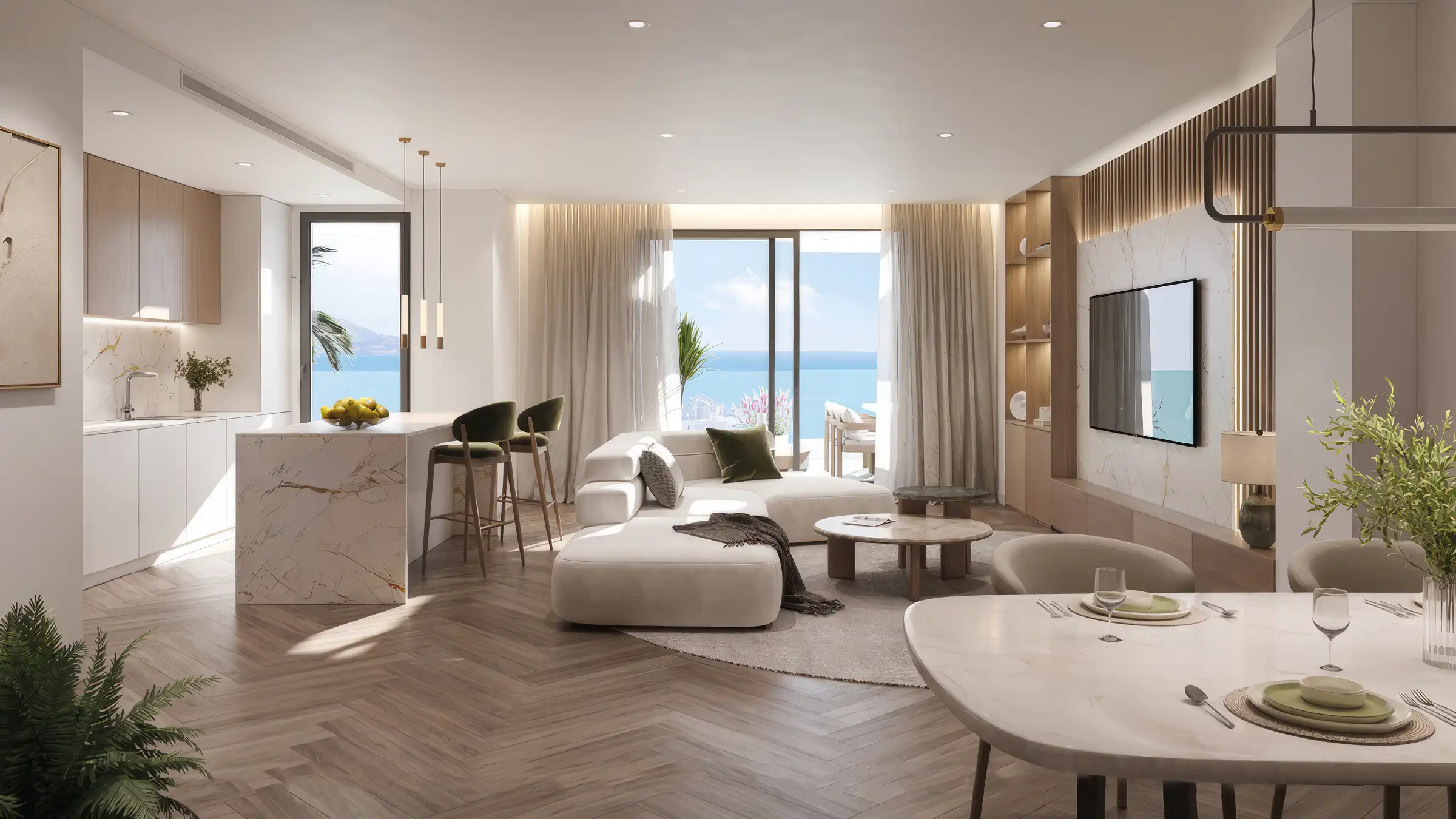 Open-plan living area and kitchen with sea views in Torremolinos new build apartment