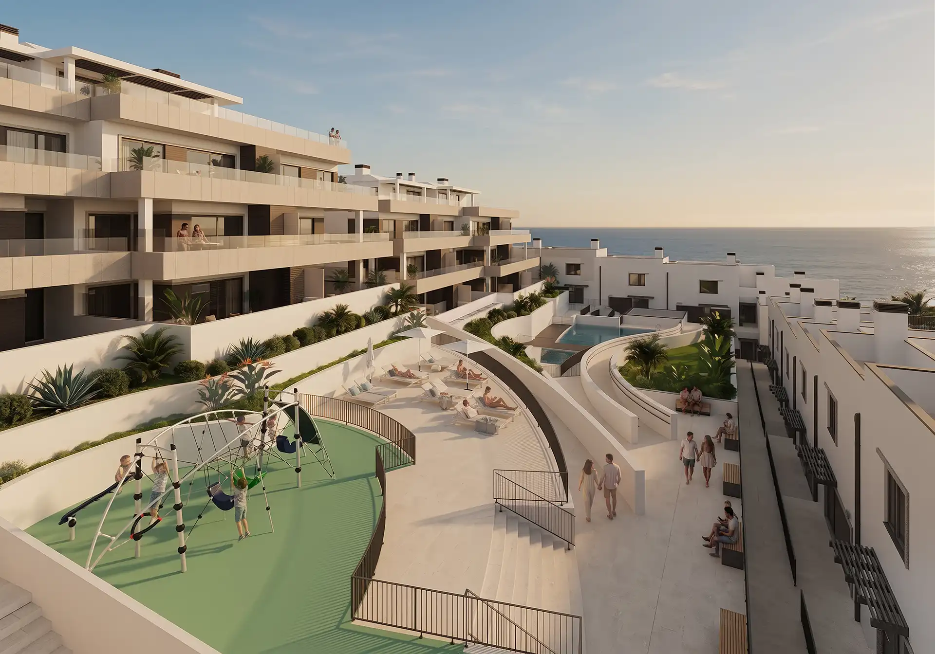 Beachfront residential complex with communal pool and children's playground