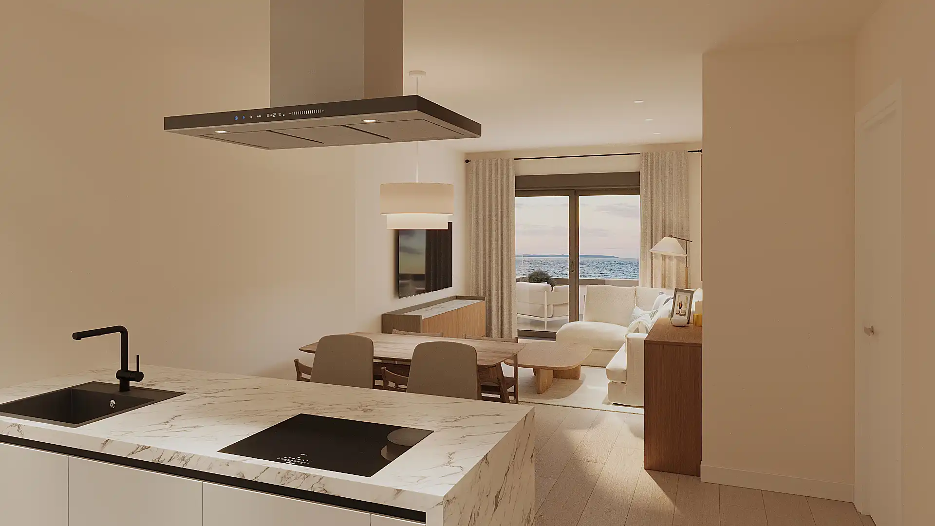 Modern open-plan kitchen with ocean views and designer finishes