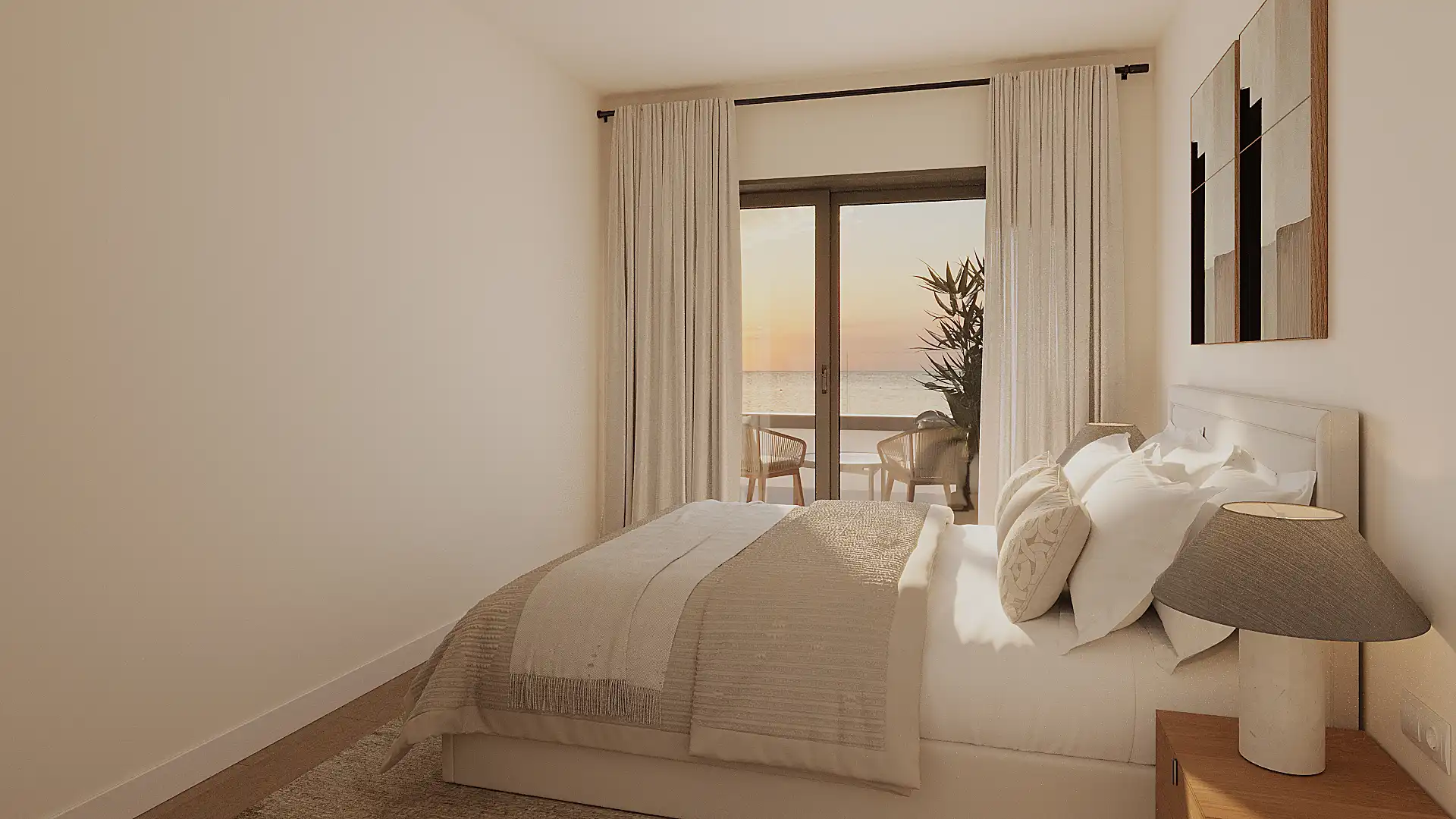 Minimalist interior in natural tones with a sea-view terrace