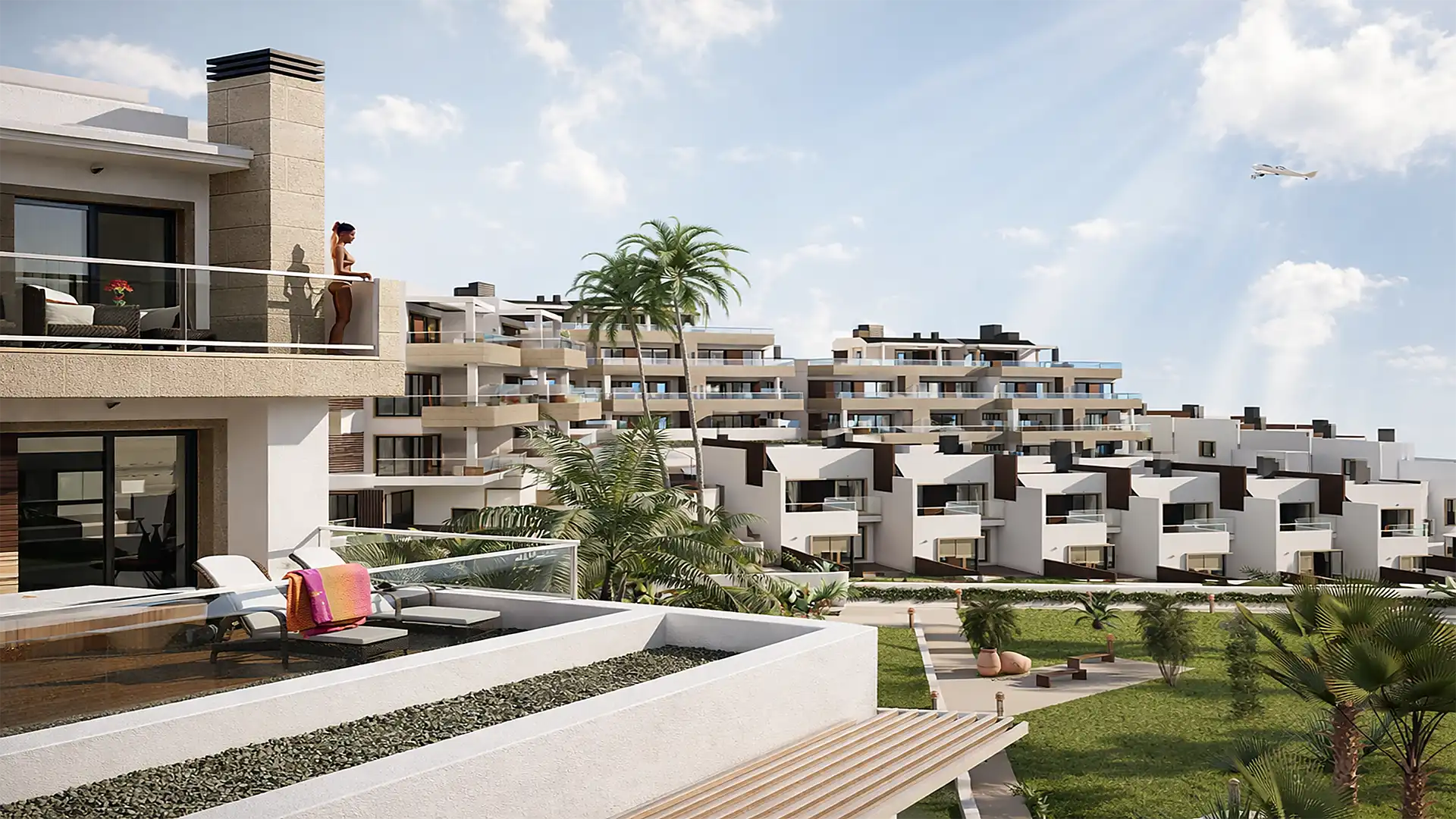 Private terrace with pool overlooking a contemporary residential complex
