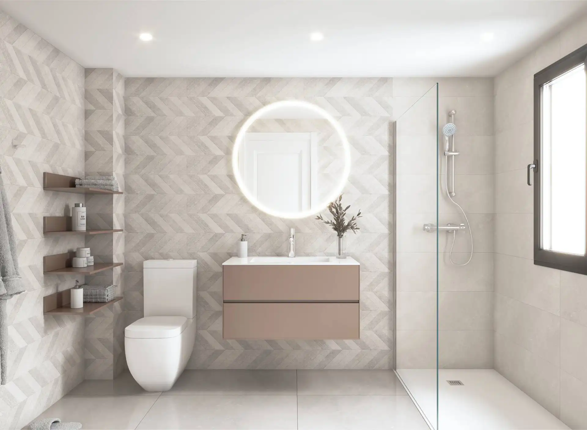Modern spa-style bathroom with herringbone tile accent wall