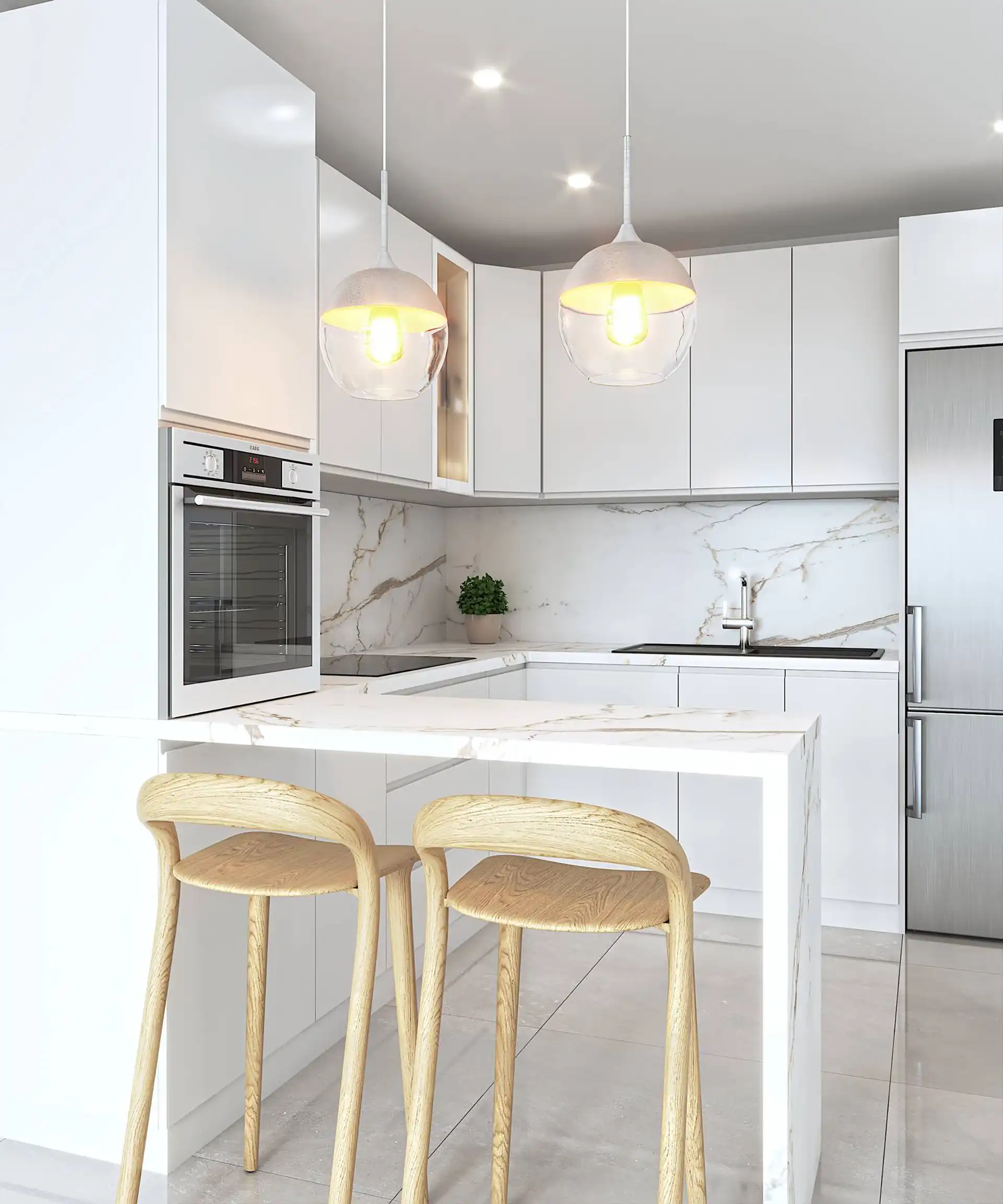 Modern white kitchen with marble countertops and island