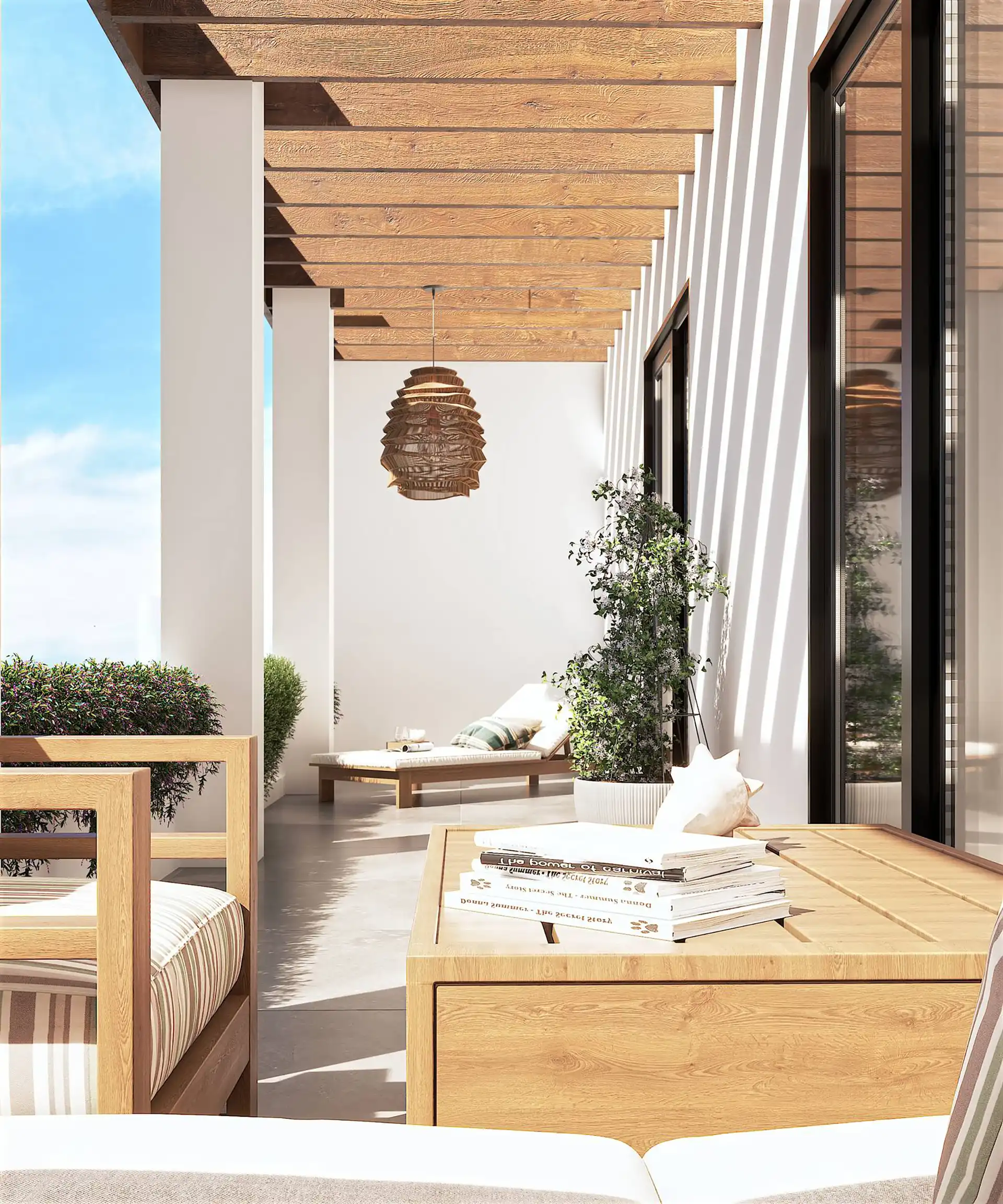 Mediterranean terrace with wood pergola and lounge furniture