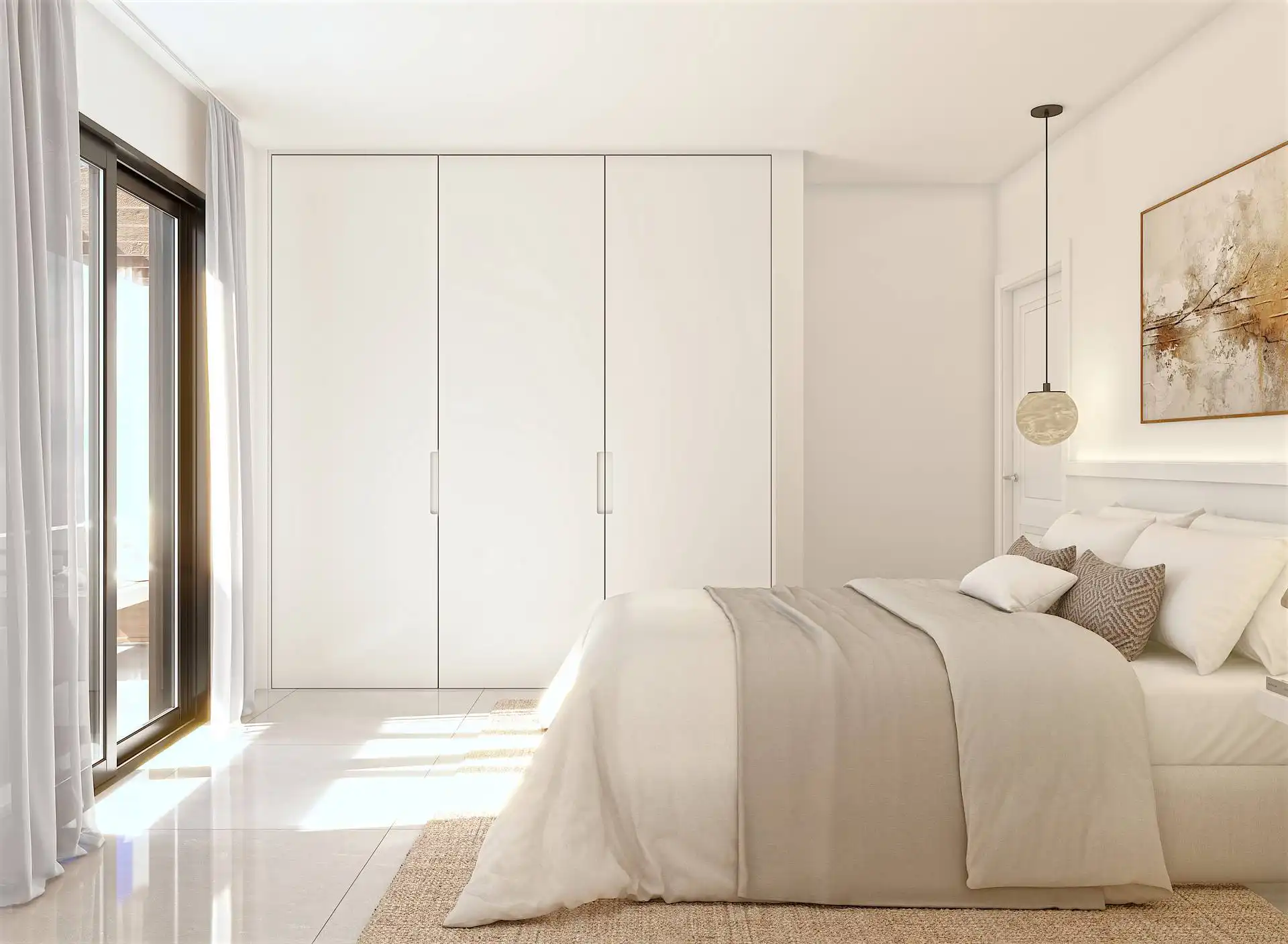 Bright modern bedroom with built-in wardrobe and sea view