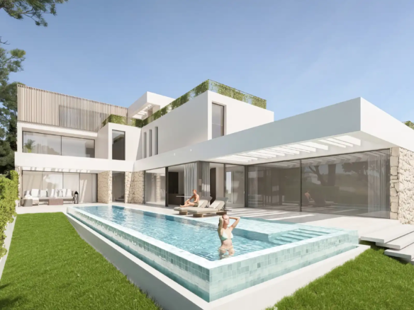 Contemporary white villa with rectangular infinity pool, stone cladding, floor-to-ceiling glass walls, and lush green lawn in sunny Mediterranean setting