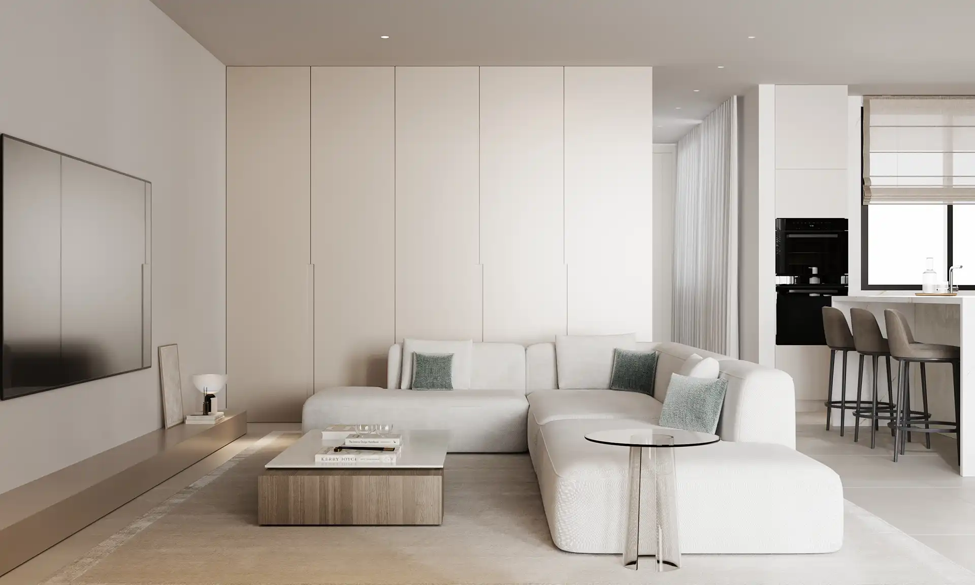Minimalist open-plan living room with natural light and terrace access