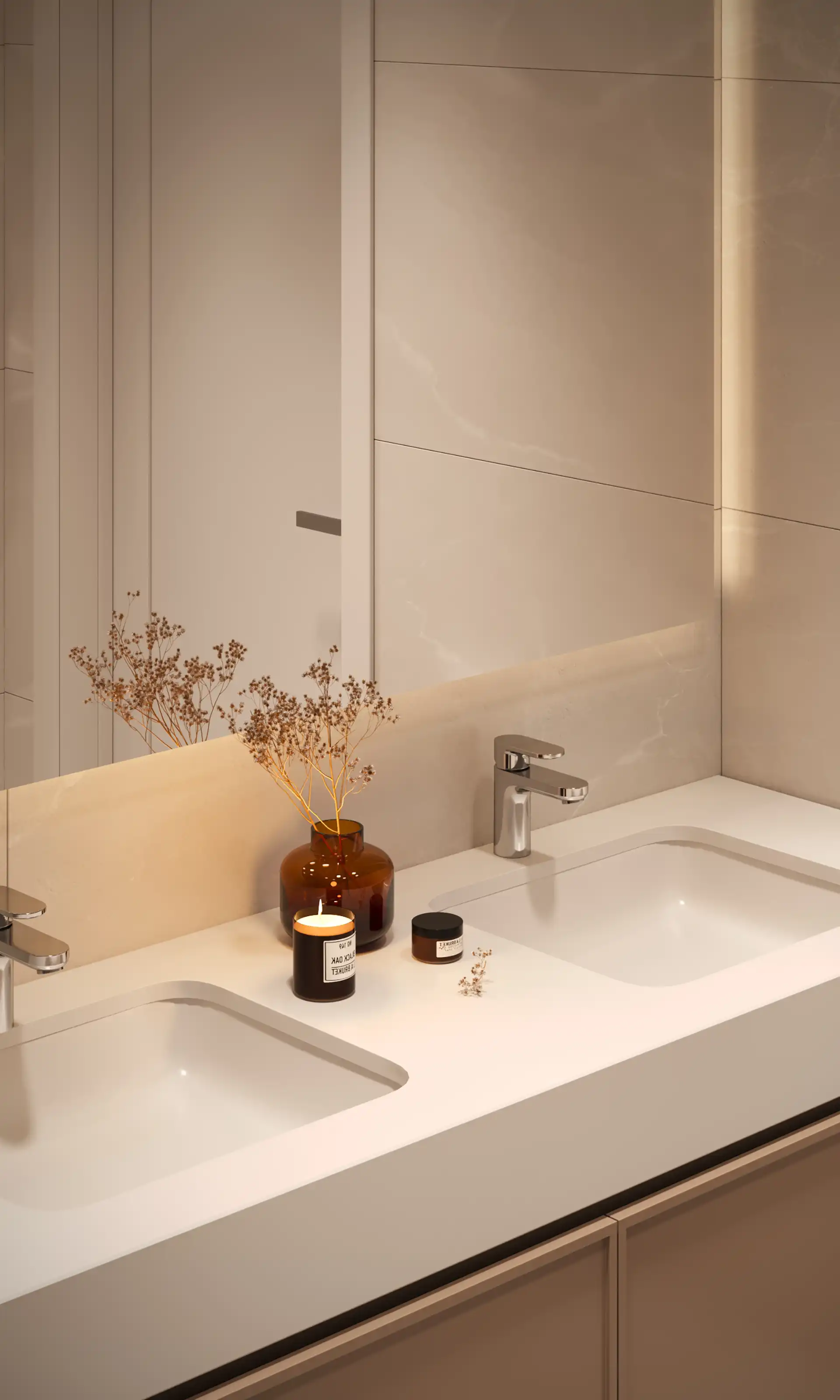 Double-sink bathroom vanity with warm lighting and underfloor heating