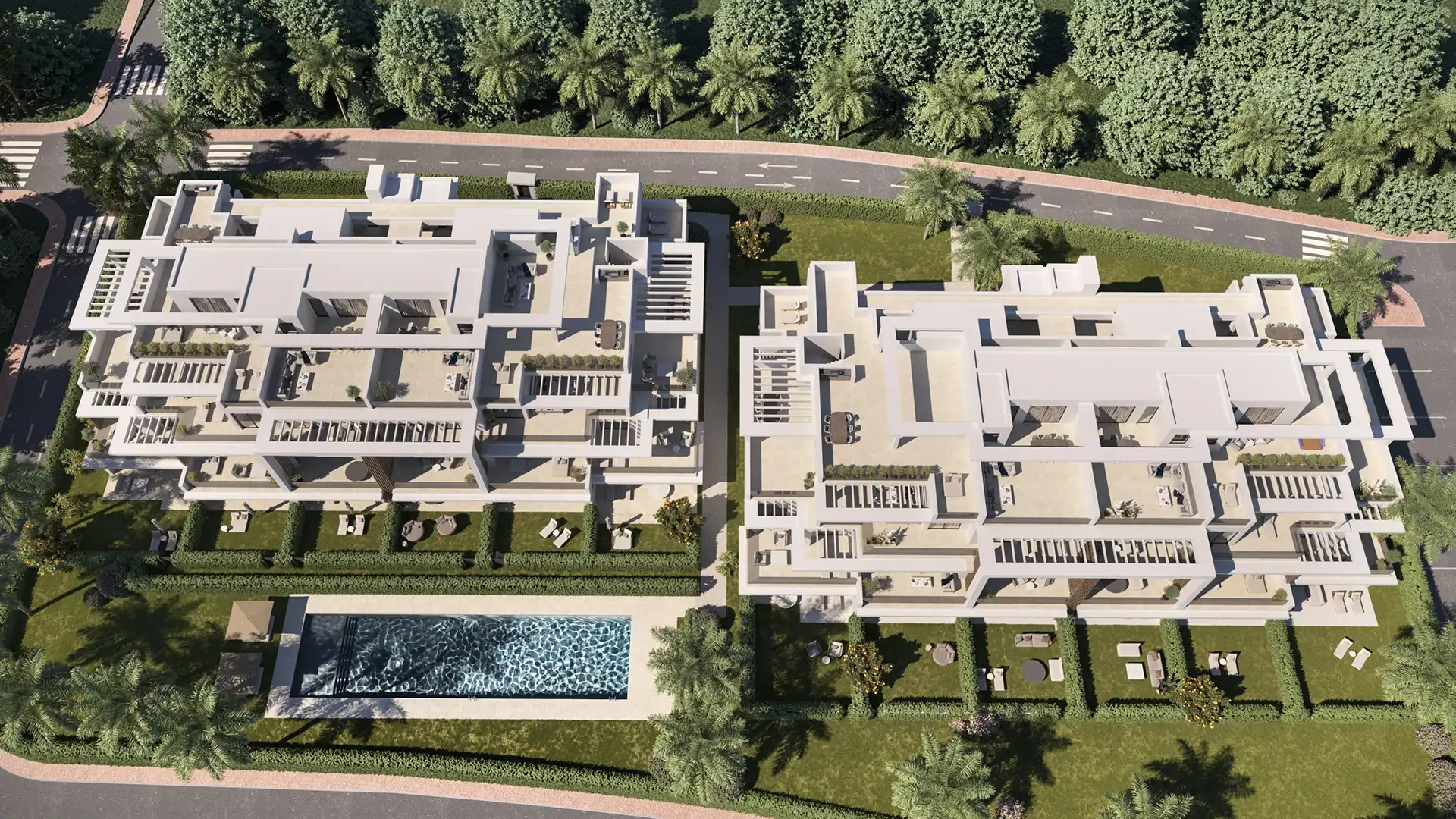 Aerial view of a modern residential complex near the New Golden Mile beaches