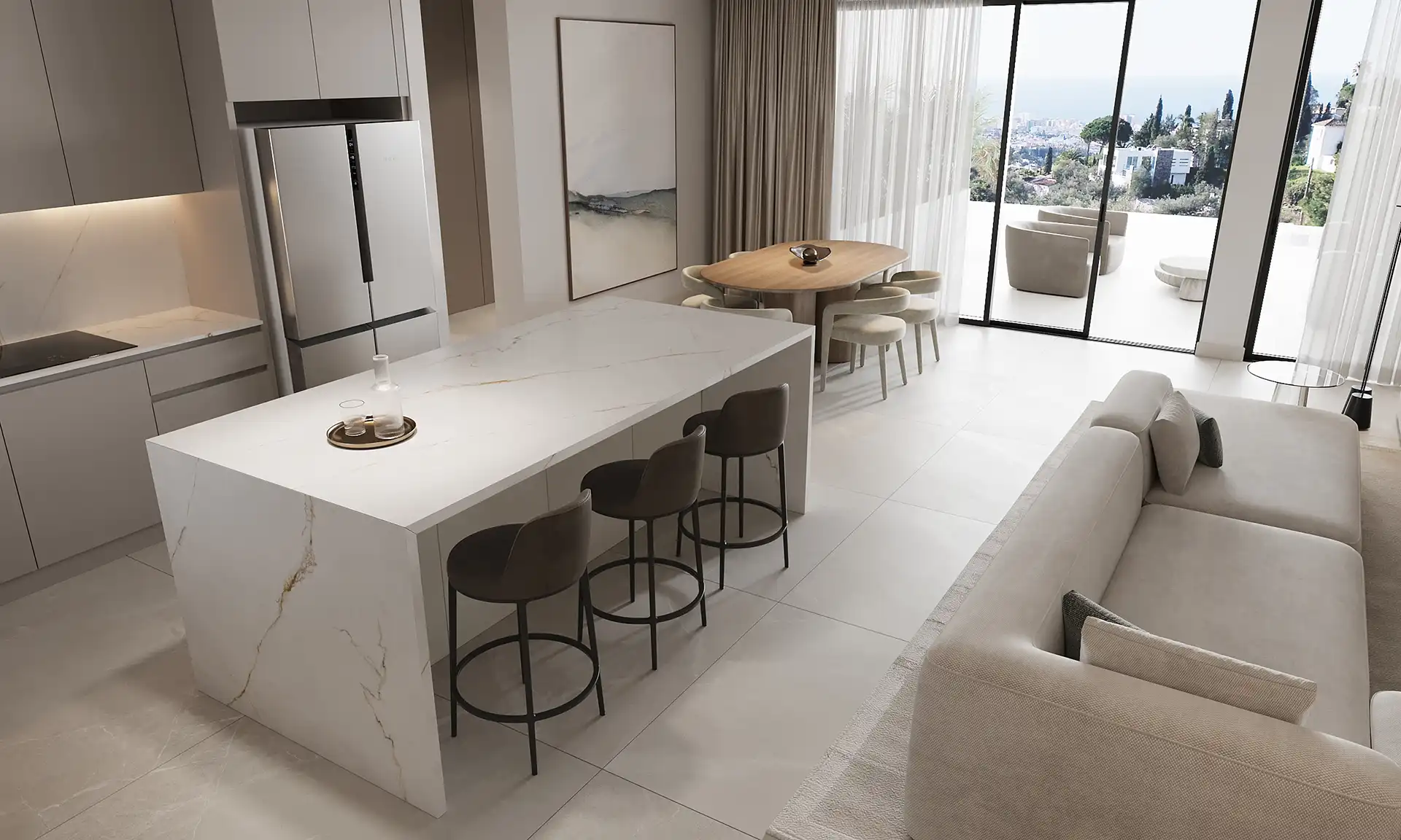 Open-plan designer kitchen with marble island and Miele appliances