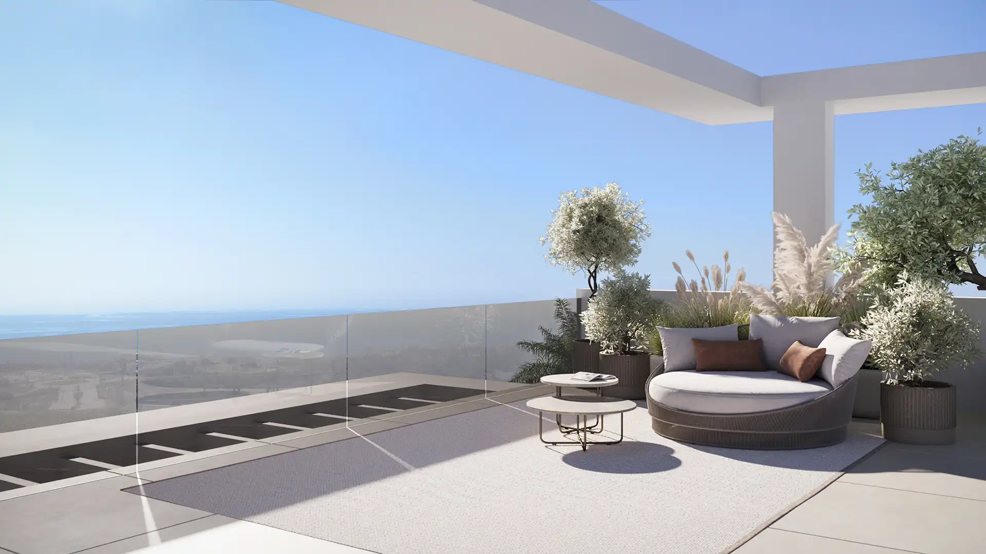 Rooftop solarium with panoramic Mediterranean sea views on the New Golden Mile