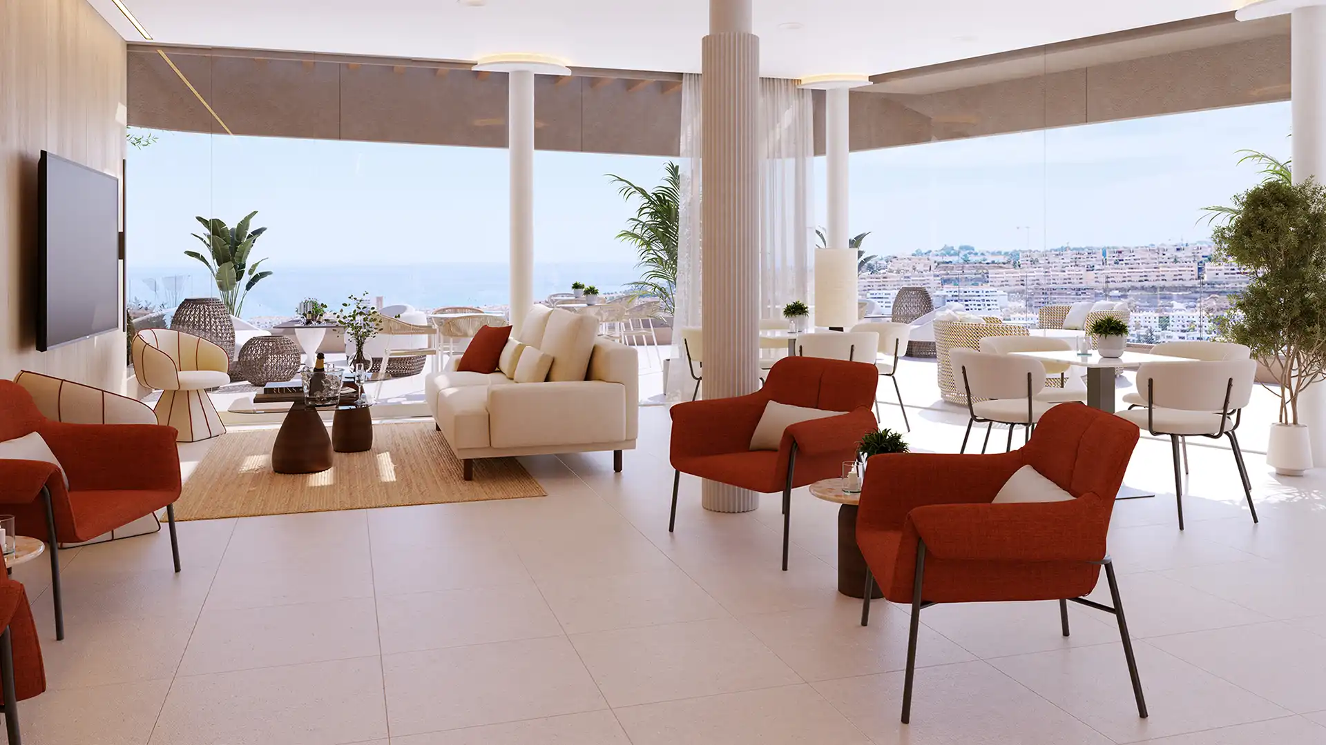 Luxury open-plan living room with panoramic sea views