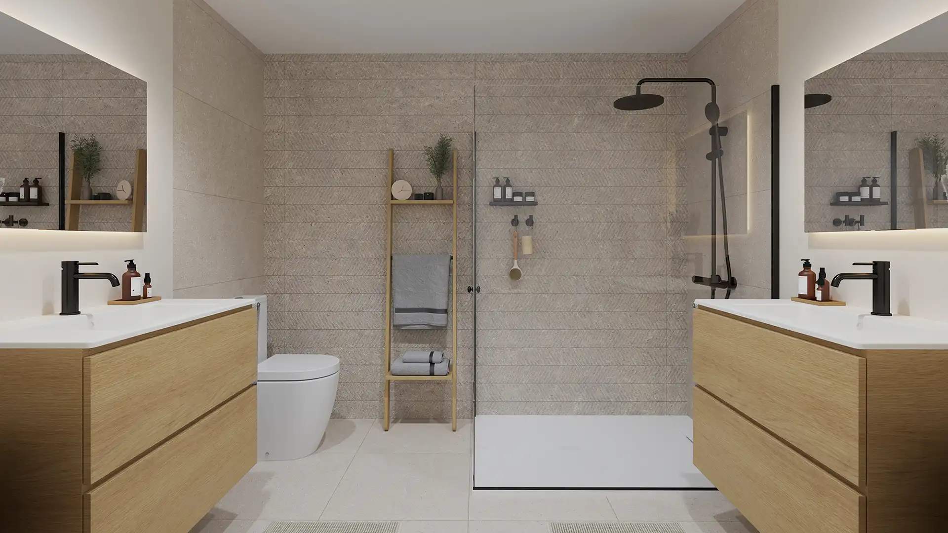 Luxury modern bathroom with dual vanities and walk-in shower