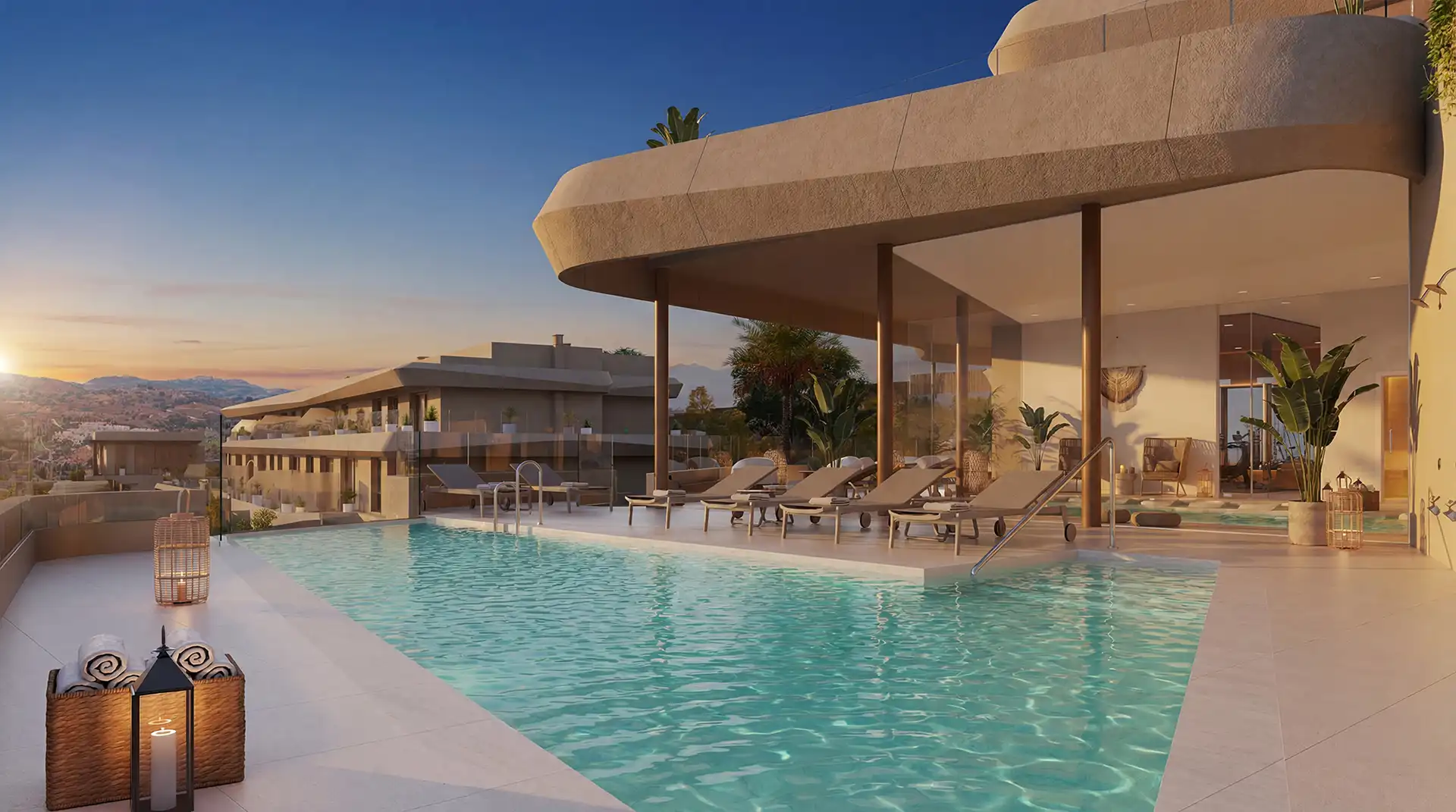 Vission Hills rooftop infinity pool with mountain views at sunset