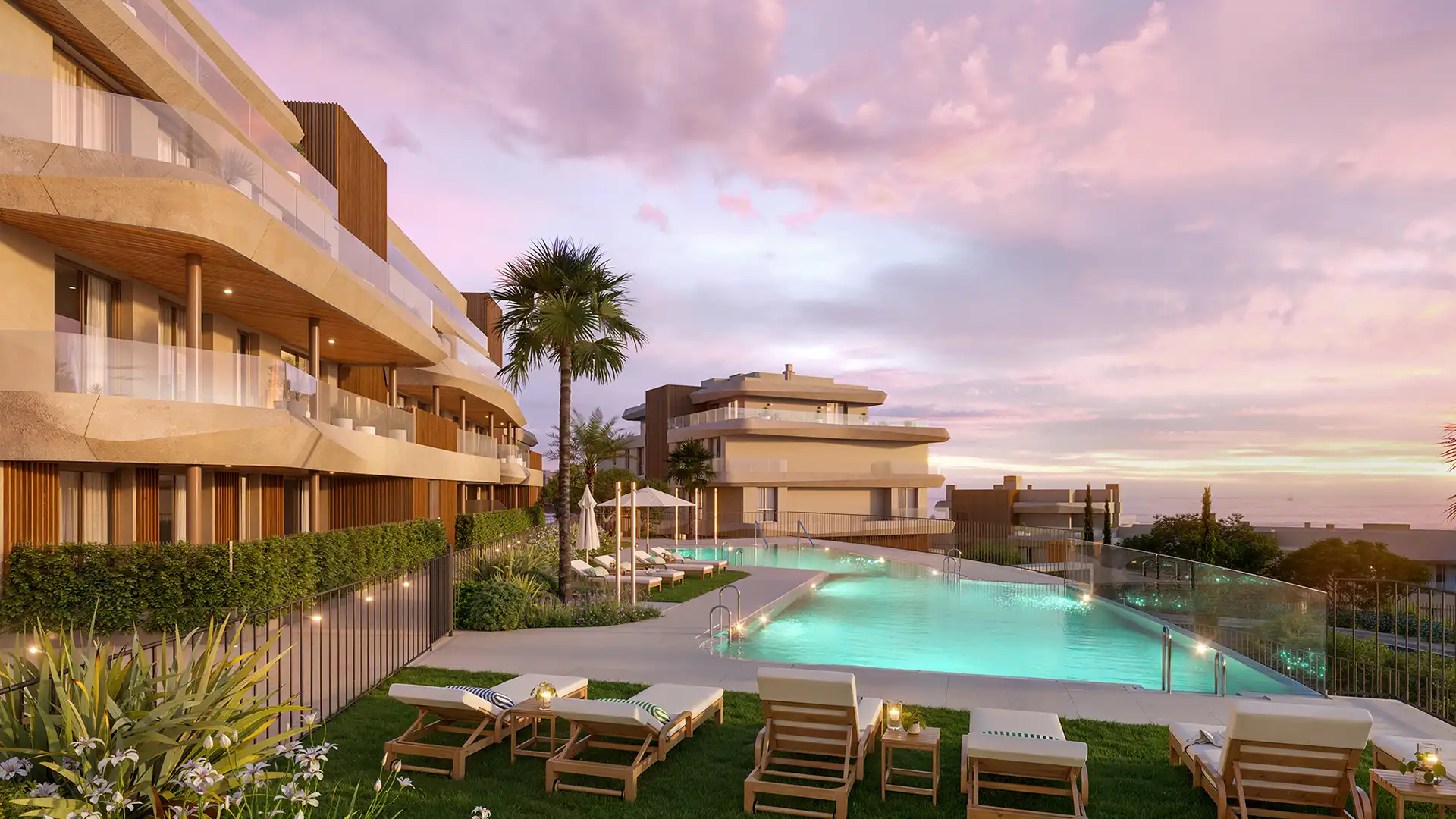 Luxury pool terrace at sunset on the Costa del Sol