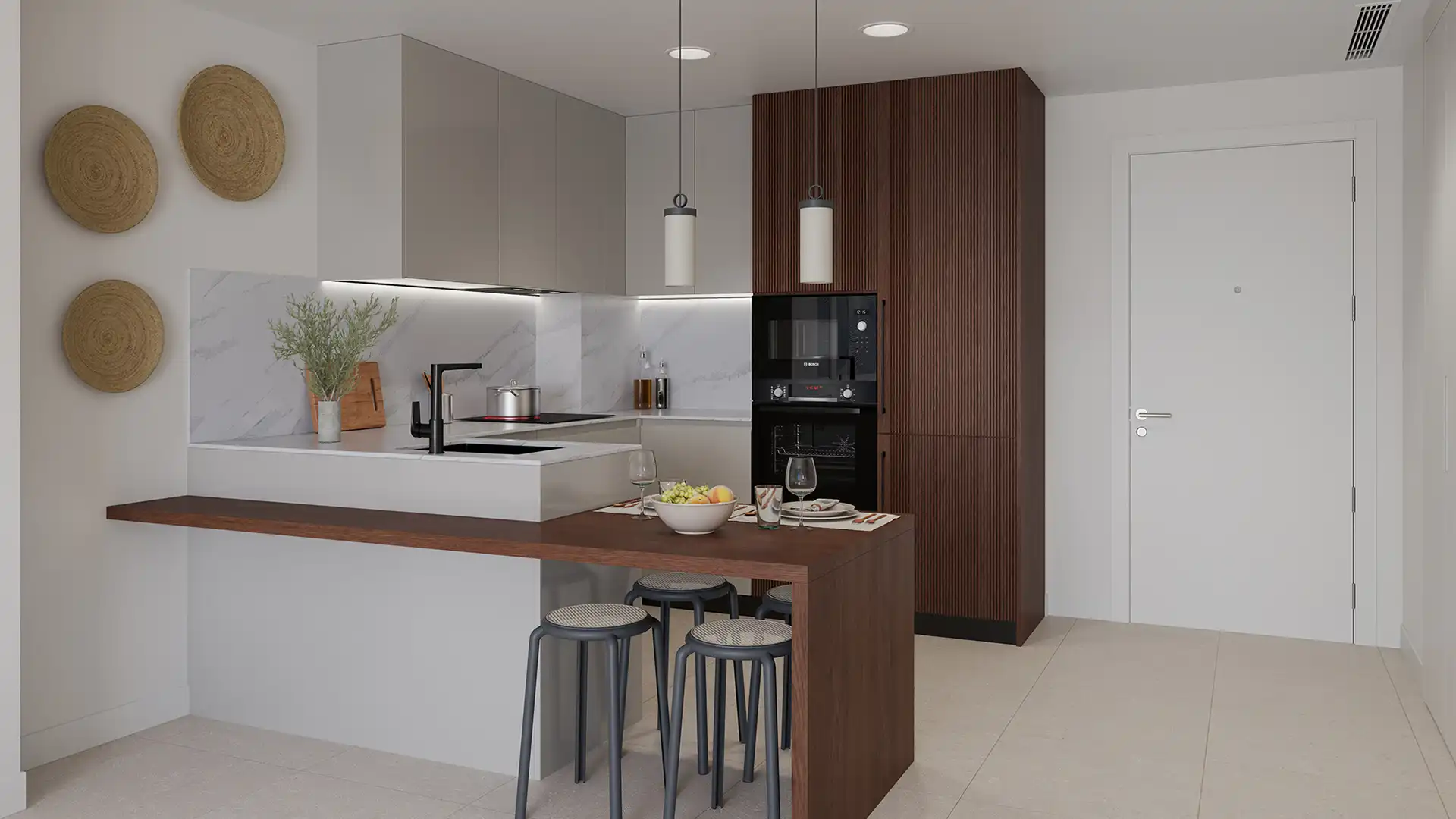 Modern open-plan kitchen with walnut island and marble backsplash