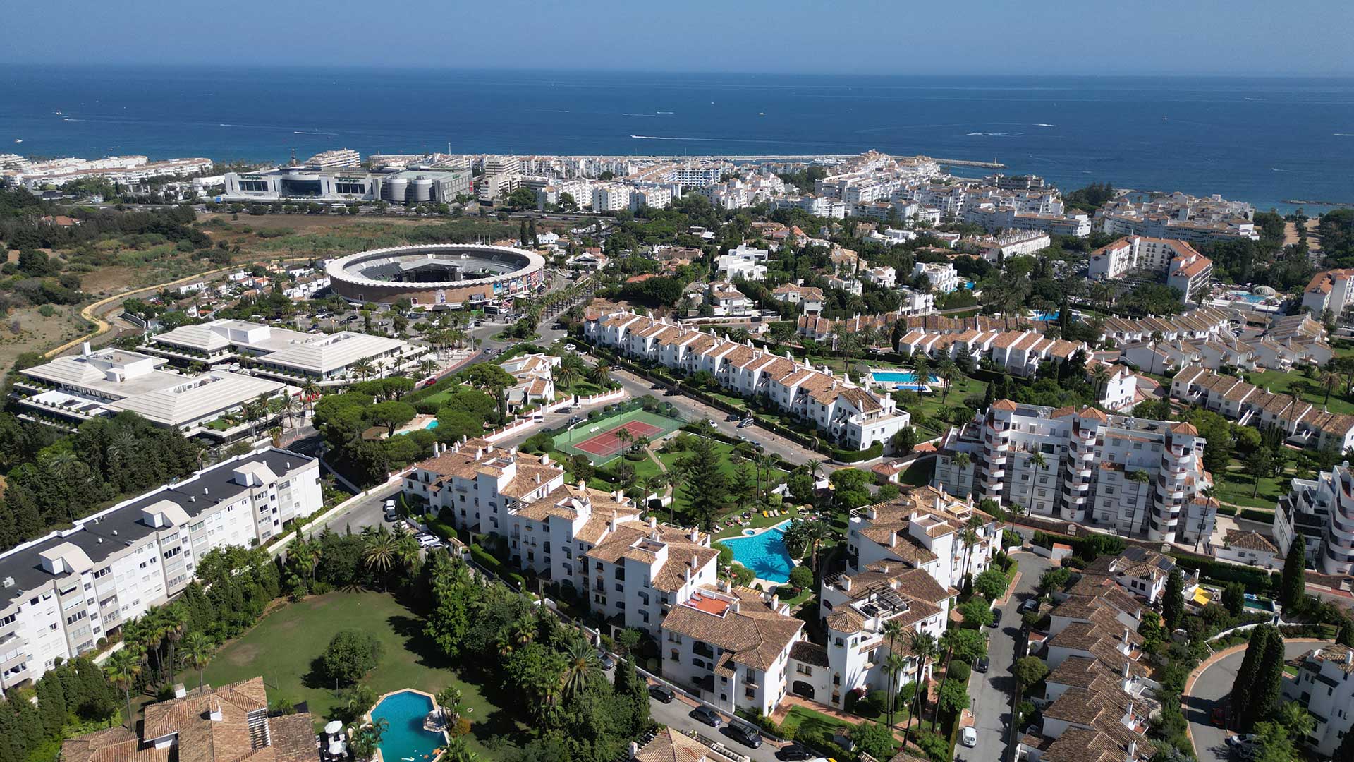 Aerial view of Nueva Andalucia towards Puerto Banus and the sea